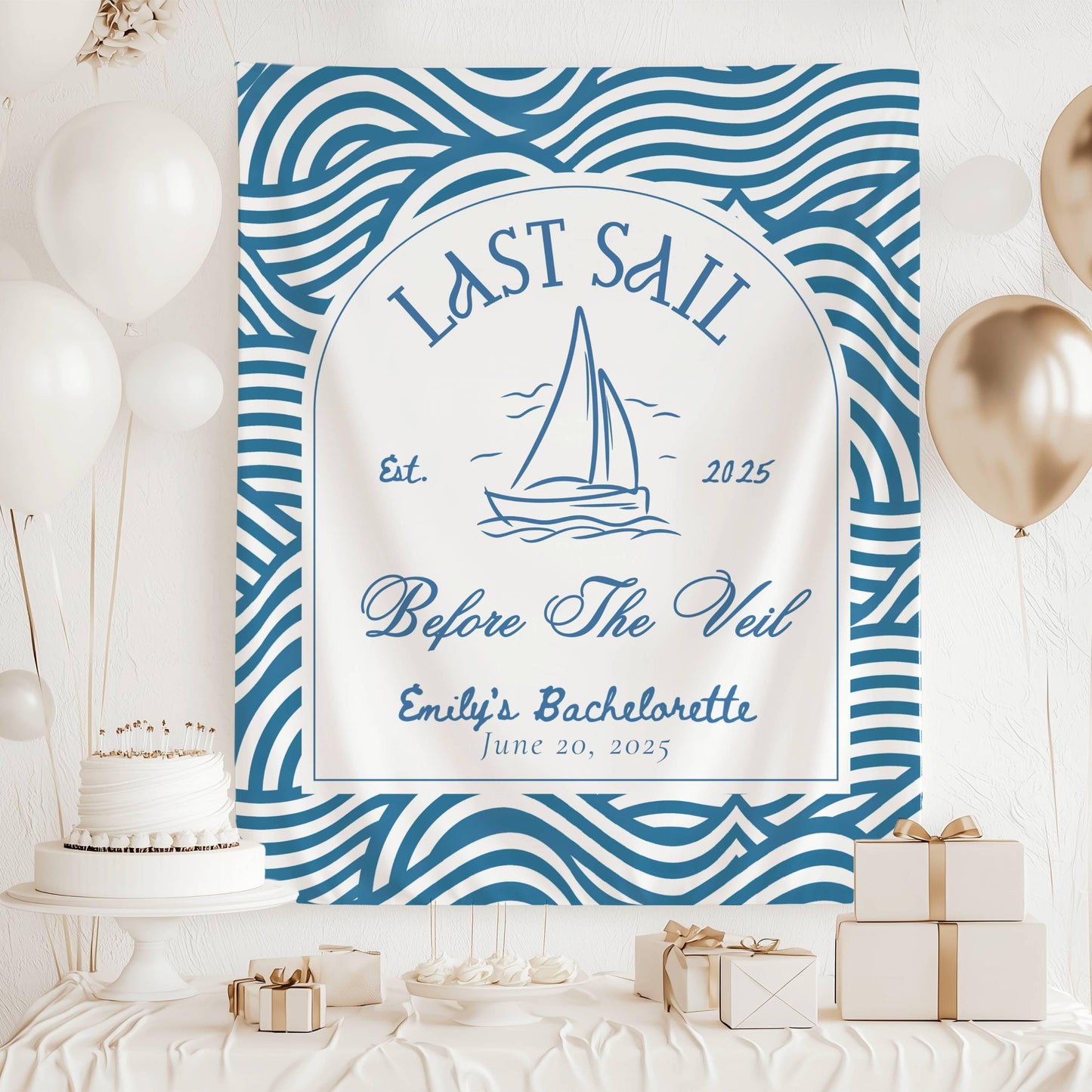Last Sail Before the Veil Bachelorette Banner Custom Blue Last Sail Bachelorette Party Backdrop Last Sail Bridal Shower Decor Beach Shower - LAUMIANstudio