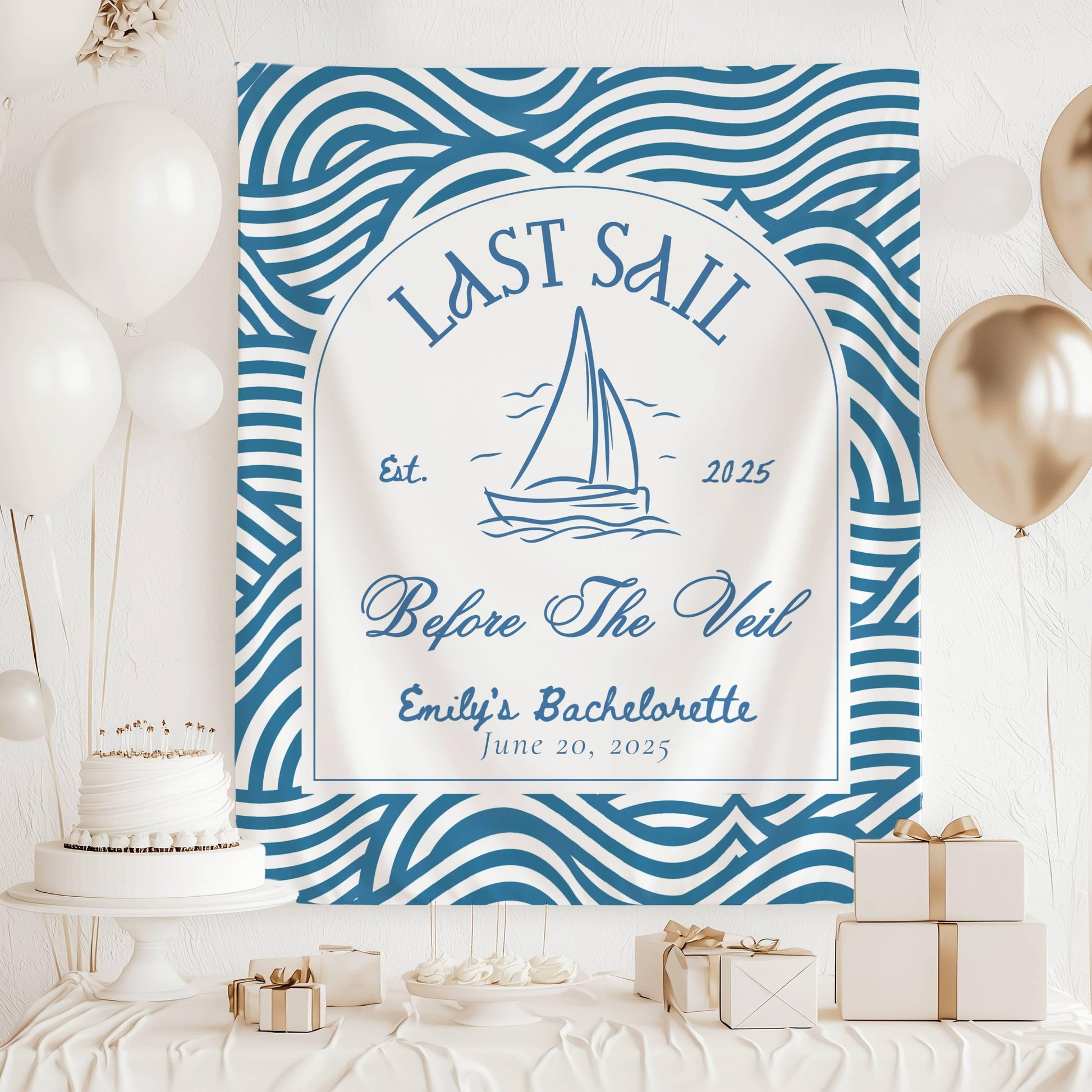 Last Sail Before the Veil Bachelorette Banner Custom Blue Last Sail Bachelorette Party Backdrop Last Sail Bridal Shower Decor Beach Shower - LAUMIANstudio