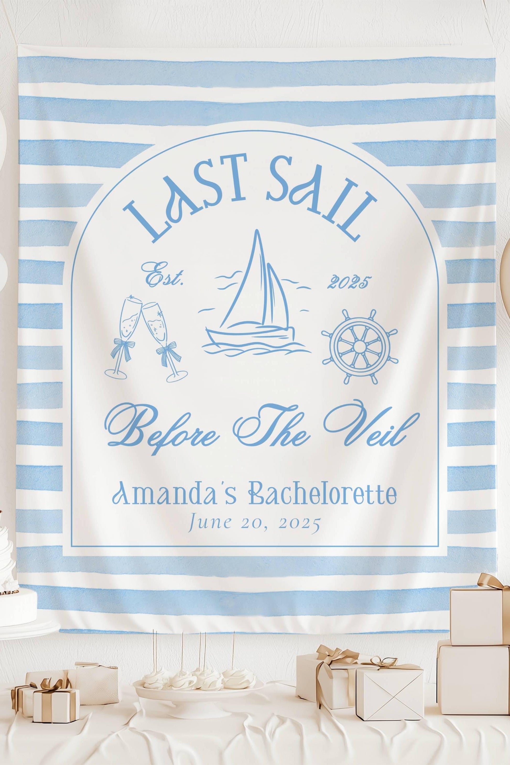 Last Sail Before the Veil Bachelorette Banner Custom Blue Last Sail Bachelorette Party Backdrop Last Sail Bridal Shower Decor Beach Shower - LAUMIANstudio