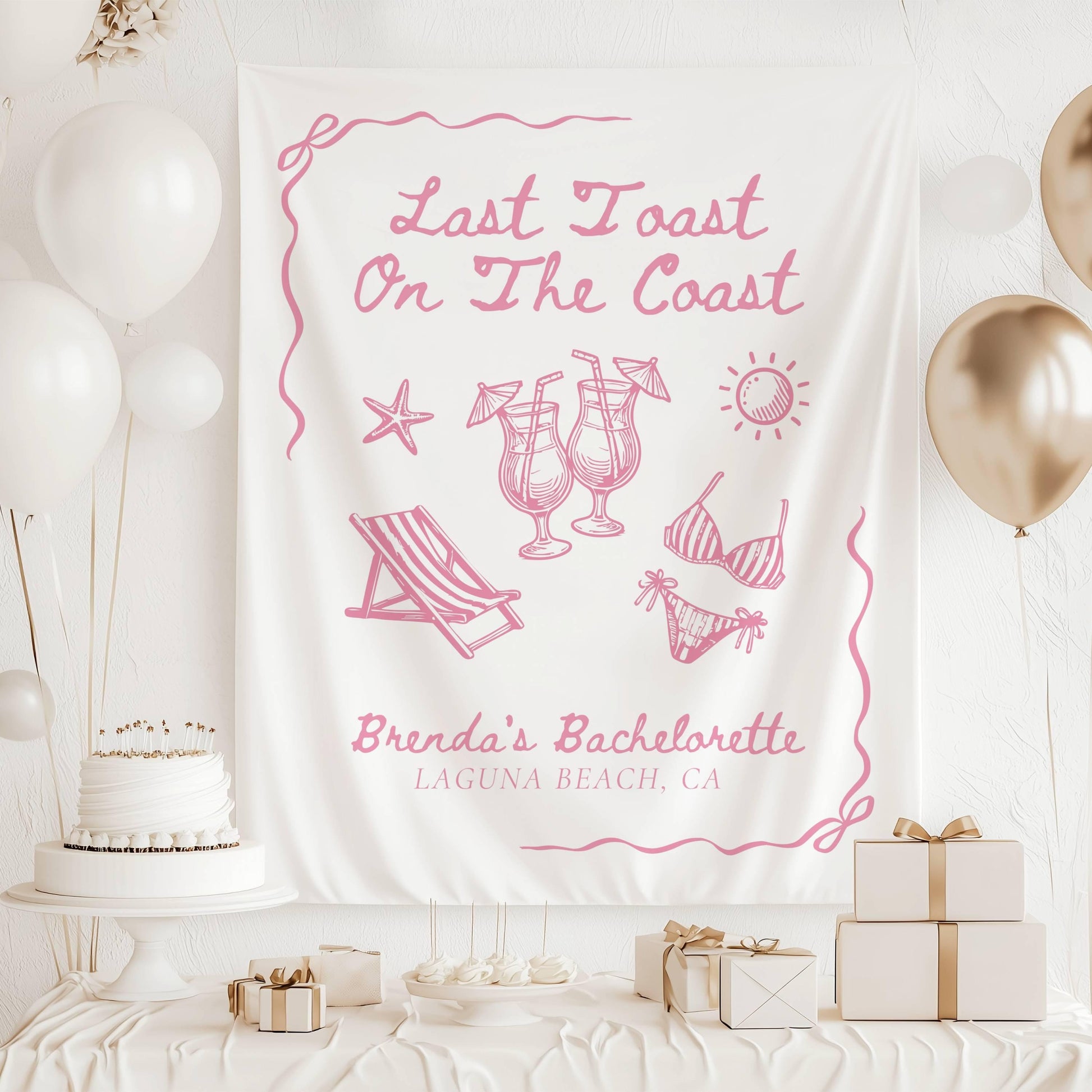 Custom Last Toast on the Coast Backdrop Blue Cocktail Bikini Banner Coastal Bridal Shower Tapestry Summer Bachelorette Party Welcome Sign - LAUMIANstudio
