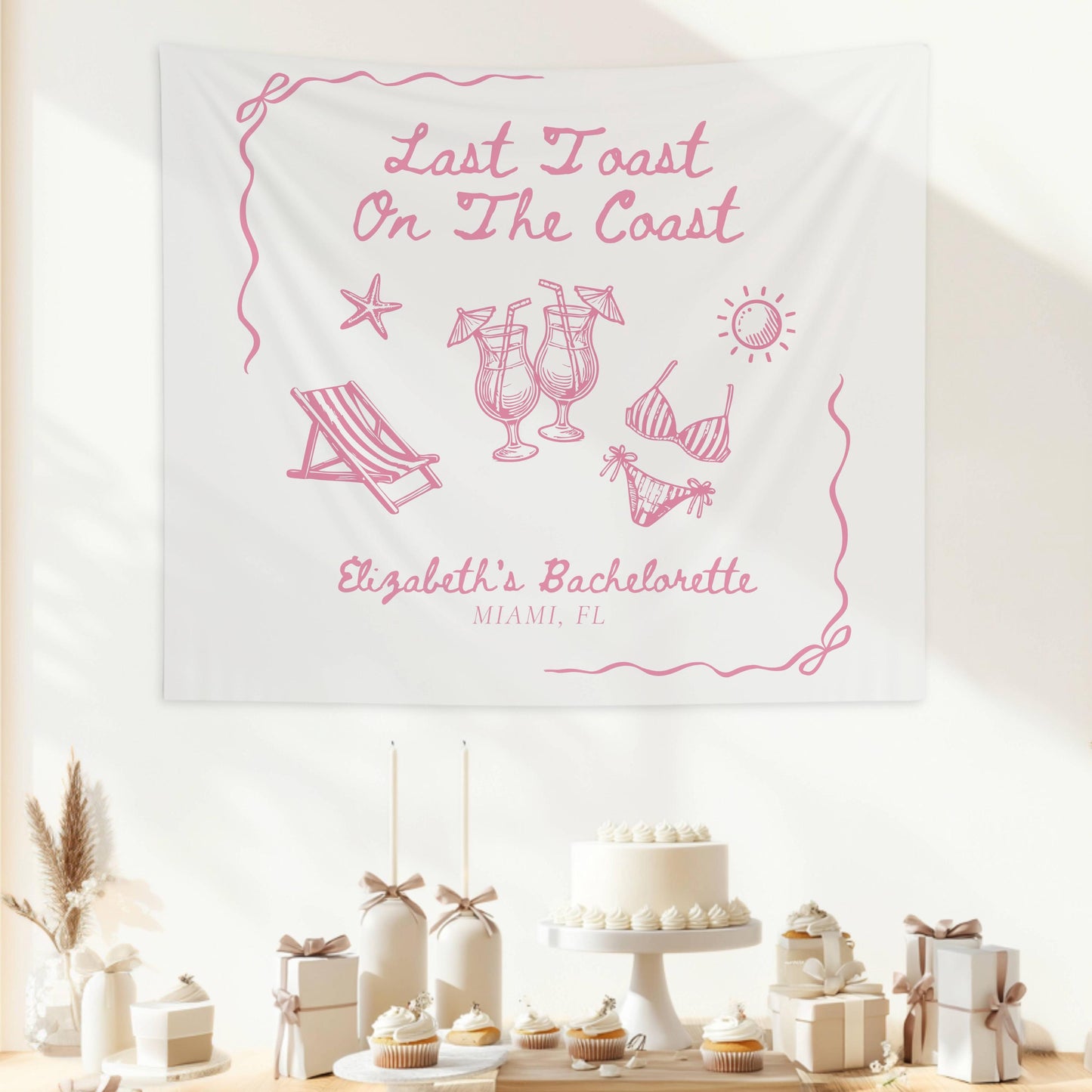 Personalized Pink Last Toast Coast Bachelorette Banner Girly Bikini Bridal Shower Banner Pink Coastal Bachelorette Backdrop Cocktail Beach - LAUMIANstudio