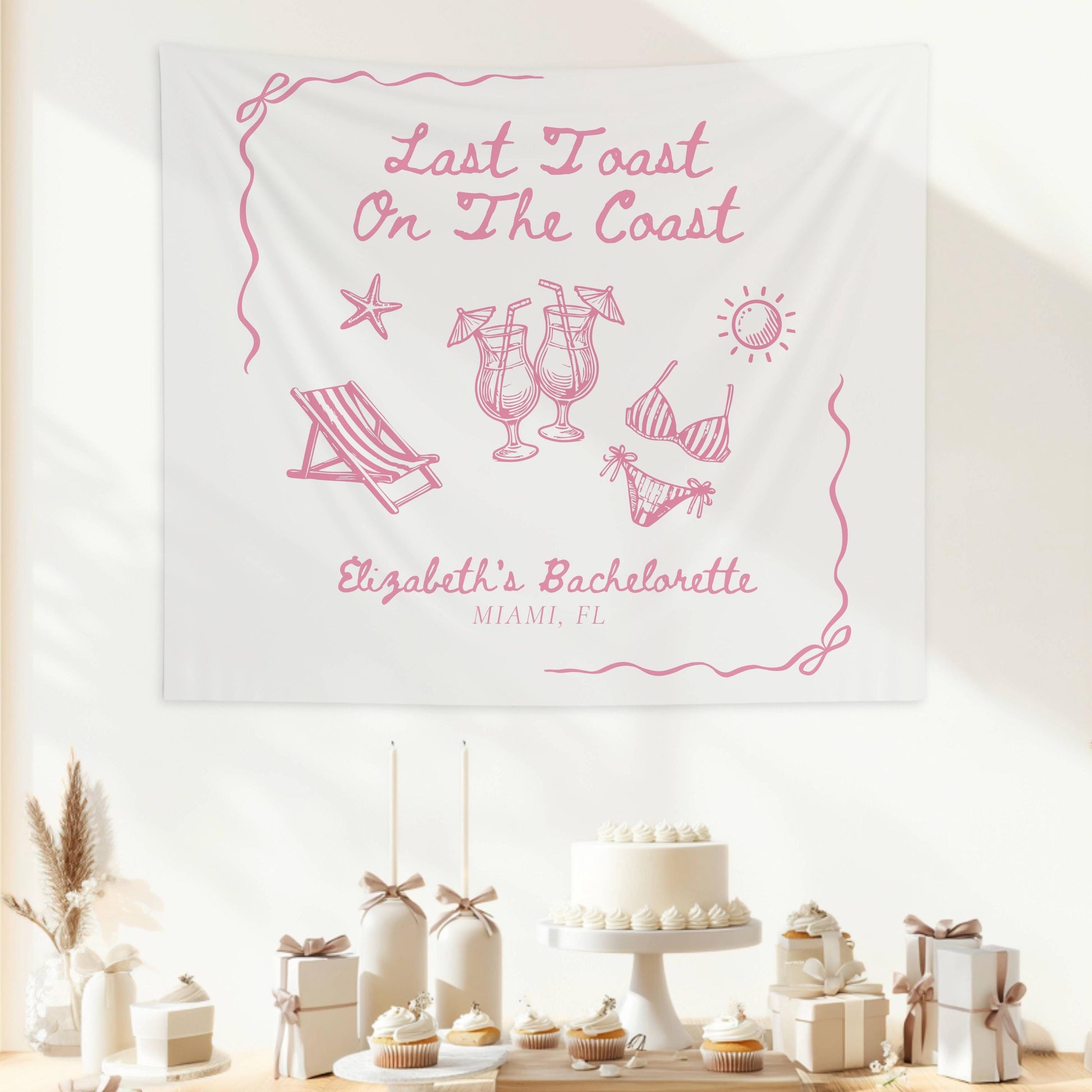 Custom Last Toast on the Coast Backdrop Blue Cocktail Bikini Banner Coastal Bridal Shower Tapestry Summer Bachelorette Party Welcome Sign - LAUMIANstudio