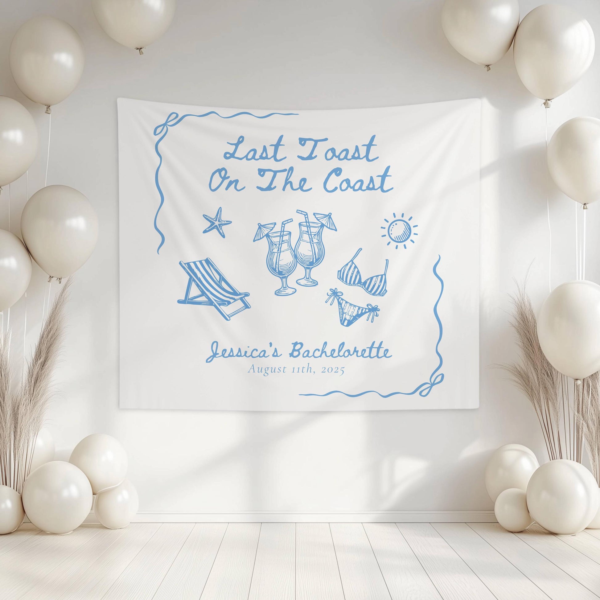 Custom Last Toast on the Coast Backdrop Blue Cocktail Bikini Banner Coastal Bridal Shower Tapestry Summer Bachelorette Party Welcome Sign - LAUMIANstudio