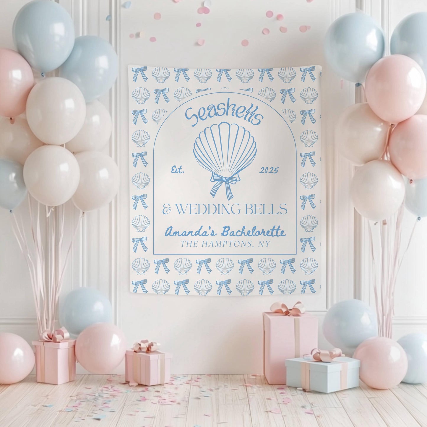 Seashells and Wedding Bells Banner Beach Bach Decor Seashell Coastal Girl Trip Backdrop Florida Bachelorette Banner Beach Bridal Shower Sign - LAUMIANstudio