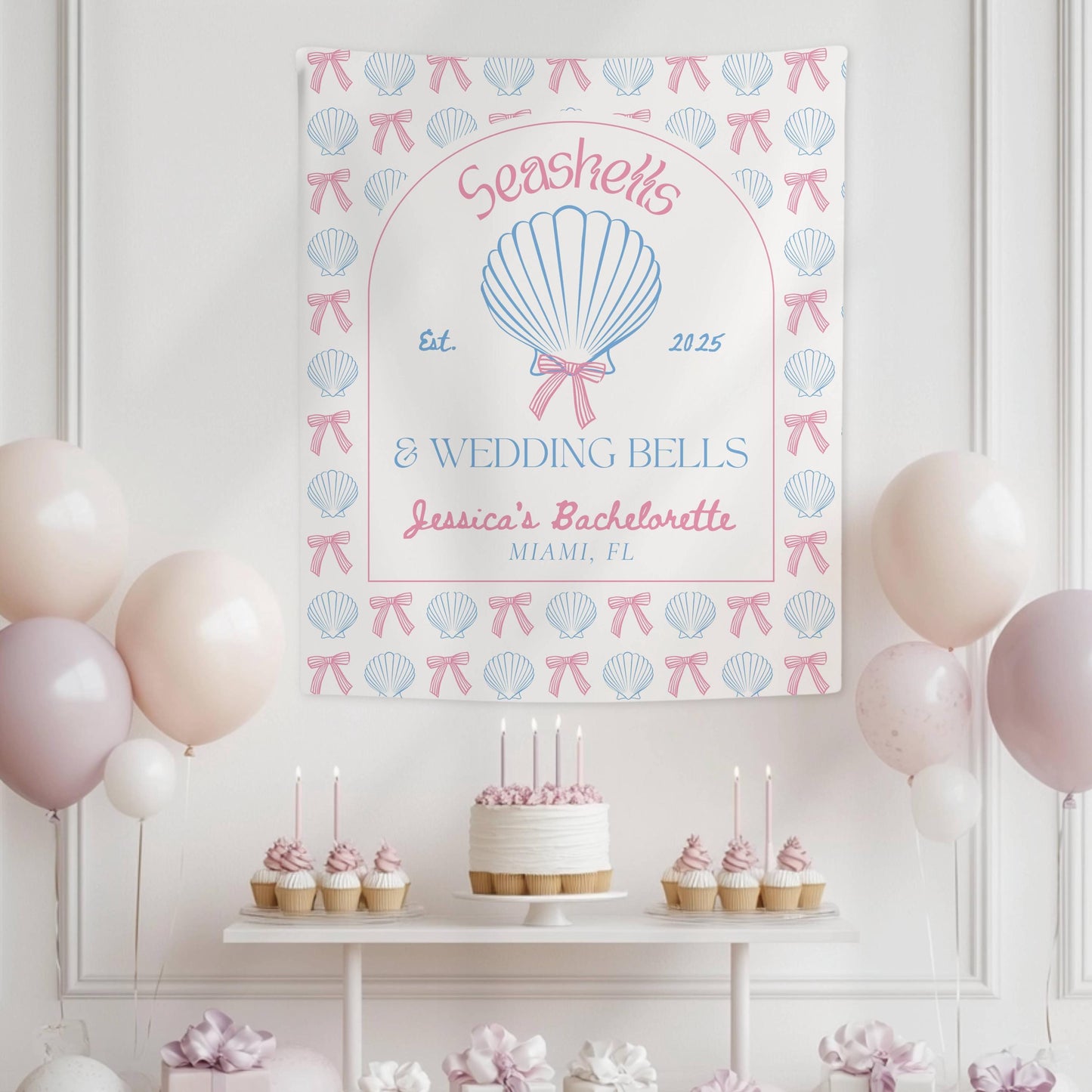Seashells and Wedding Bells Banner Beach Bach Decor Seashell Coastal Girl Trip Backdrop Florida Bachelorette Banner Beach Bridal Shower Sign - LAUMIANstudio