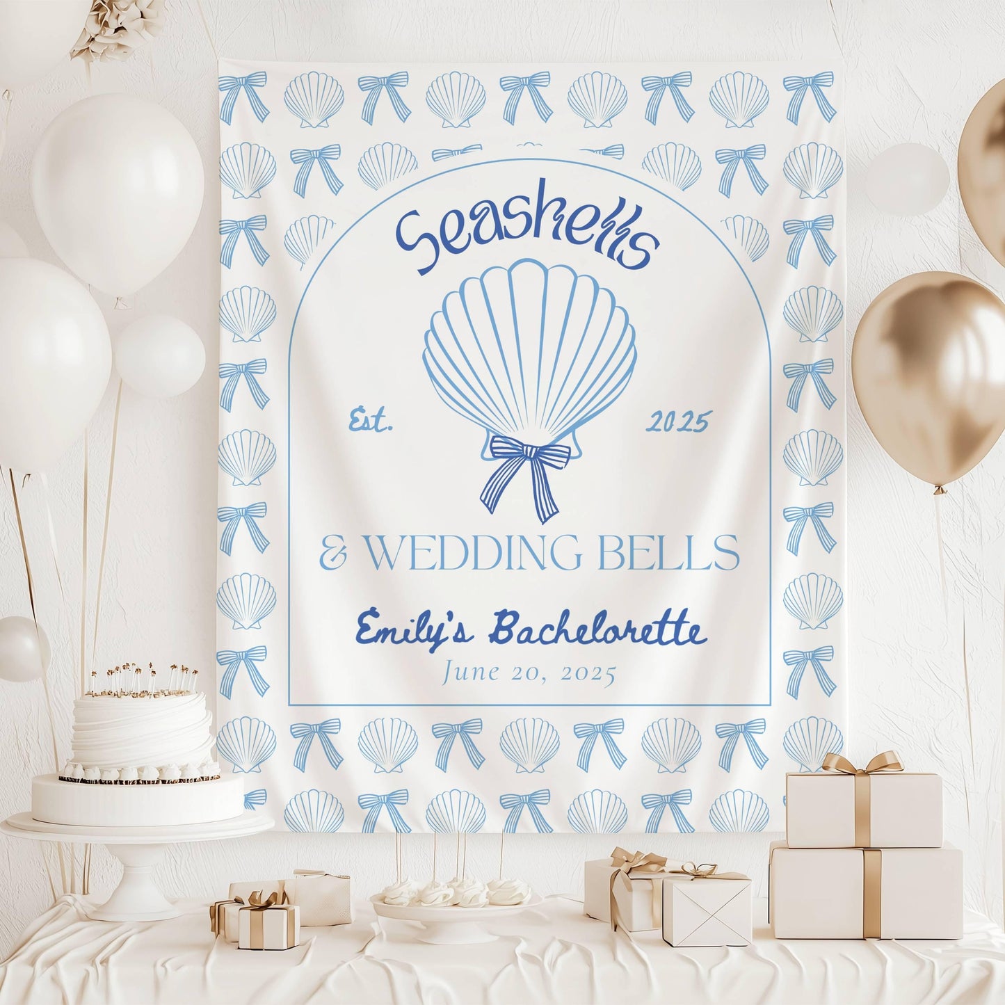 Seashells and Wedding Bells Banner Beach Bach Decor Seashell Coastal Girl Trip Backdrop Florida Bachelorette Banner Beach Bridal Shower Sign - LAUMIANstudio