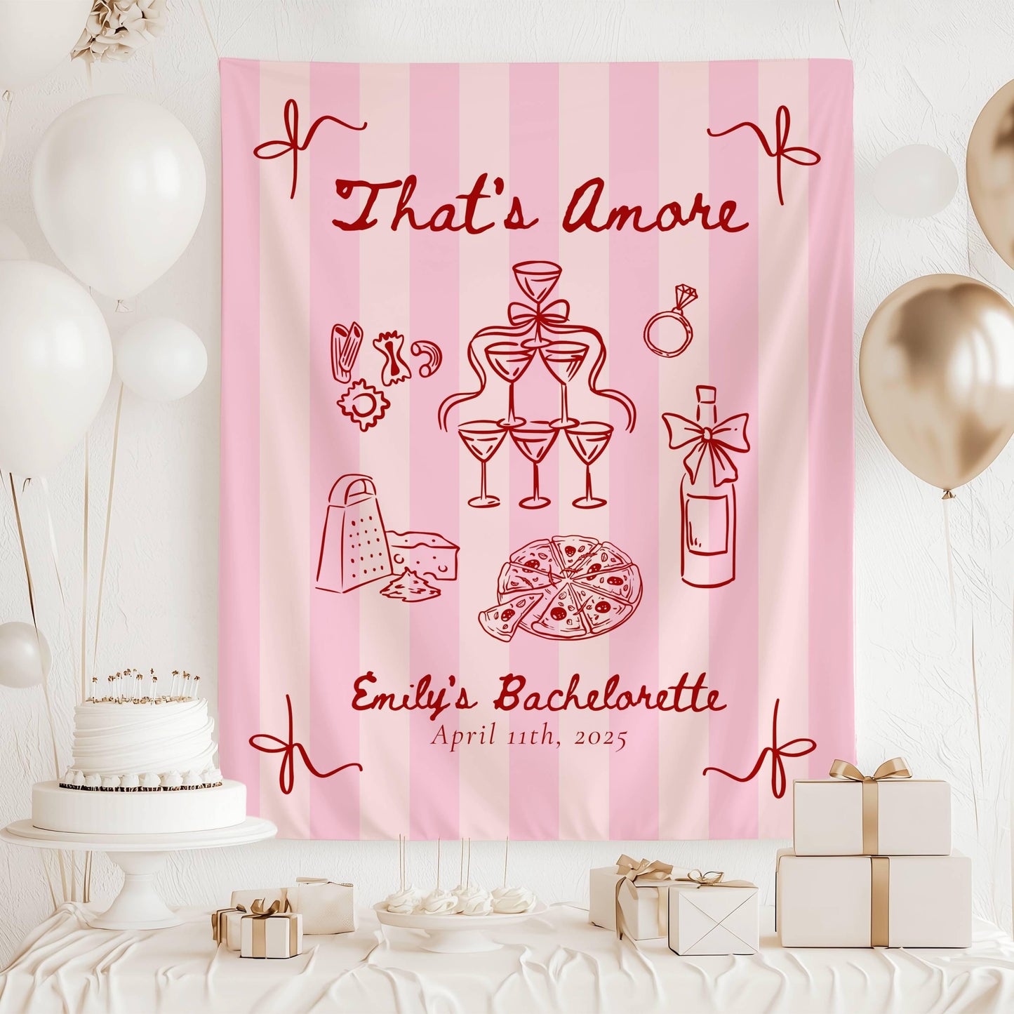 Thats Amore Bachelorette Banner: Lineart Graphics Italian Bridal Shower Decor Pink Red Striped - LAUMIANstudio