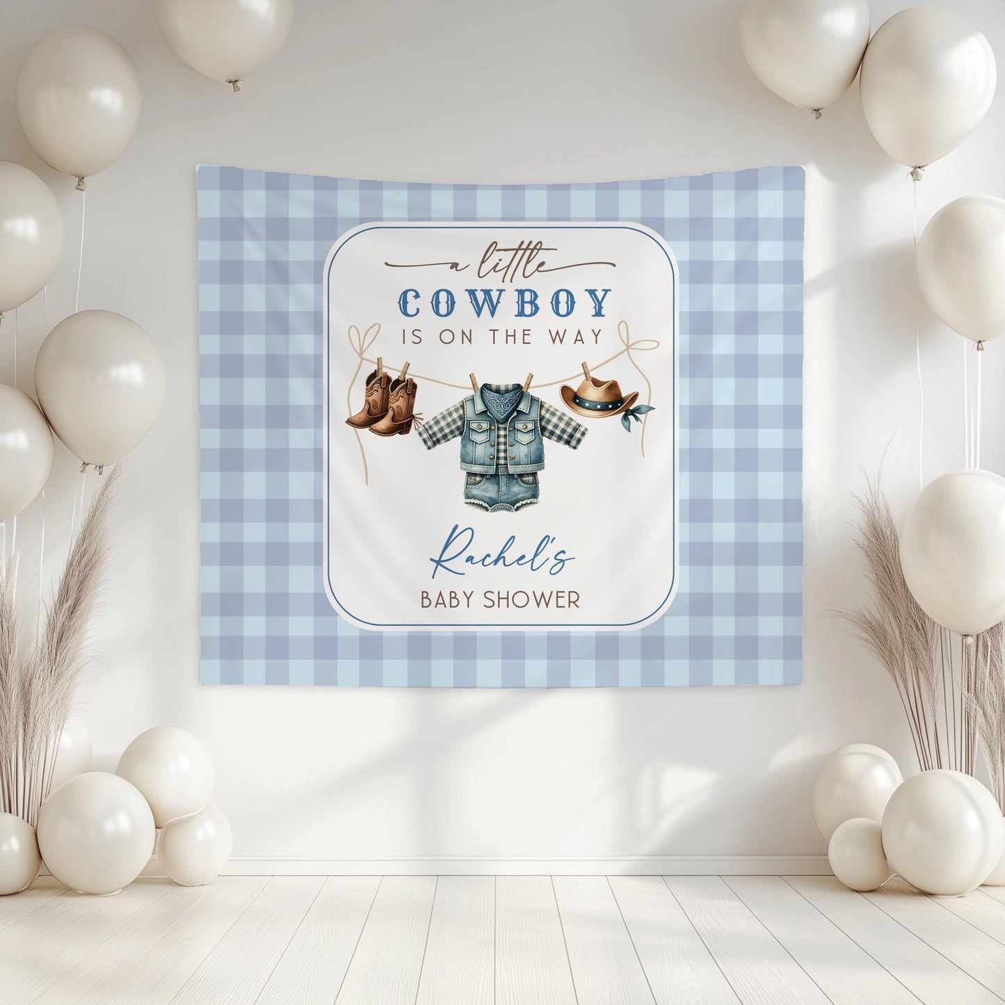 Little Cowboy Baby Shower Backdrop Blue Cowboy Baby Shower Banner Little Cowboy is On The Way Welcome Sign Blue Cowboy Clothesline Decor - LAUMIANstudio