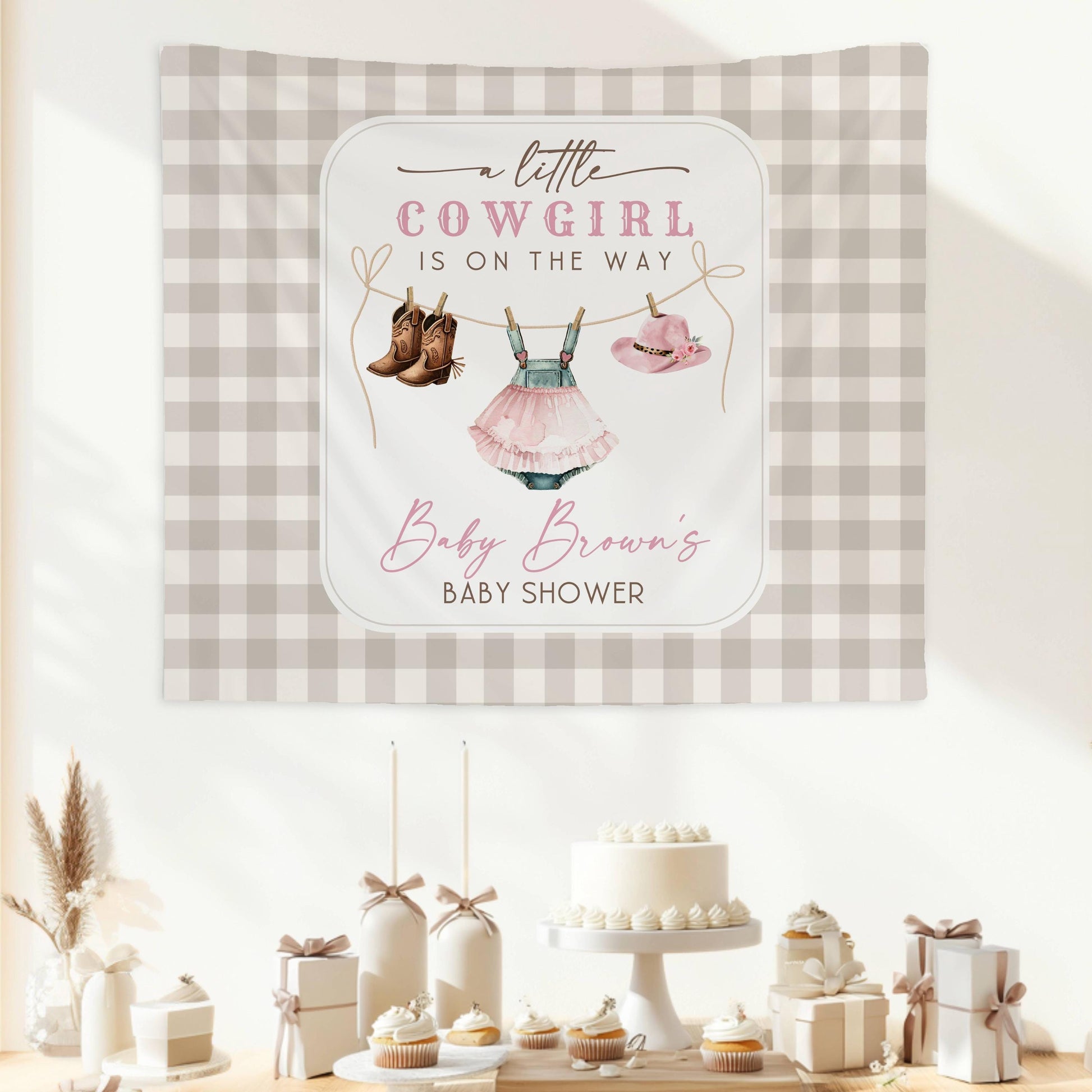 Little Cowgirl Baby Shower Backdrop Pink Cowgirl Baby Shower Banner Little Cowgirl is On The Way Welcome Sign Pink Cowgirl Clothesline Decor - LAUMIANstudio