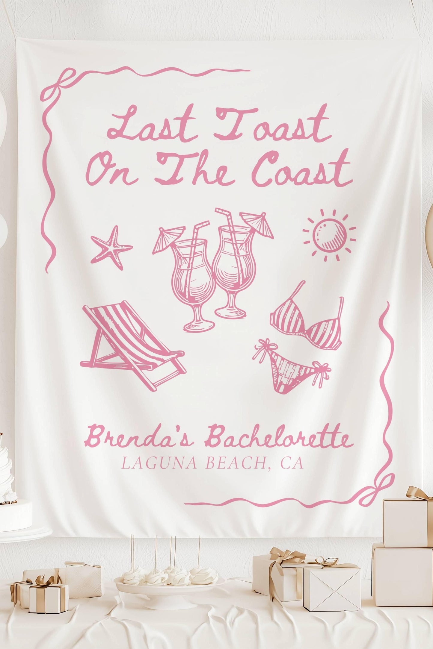 Personalized Pink Last Toast Coast Bachelorette Banner Girly Bikini Bridal Shower Banner Pink Coastal Bachelorette Backdrop Cocktail Beach - LAUMIANstudio