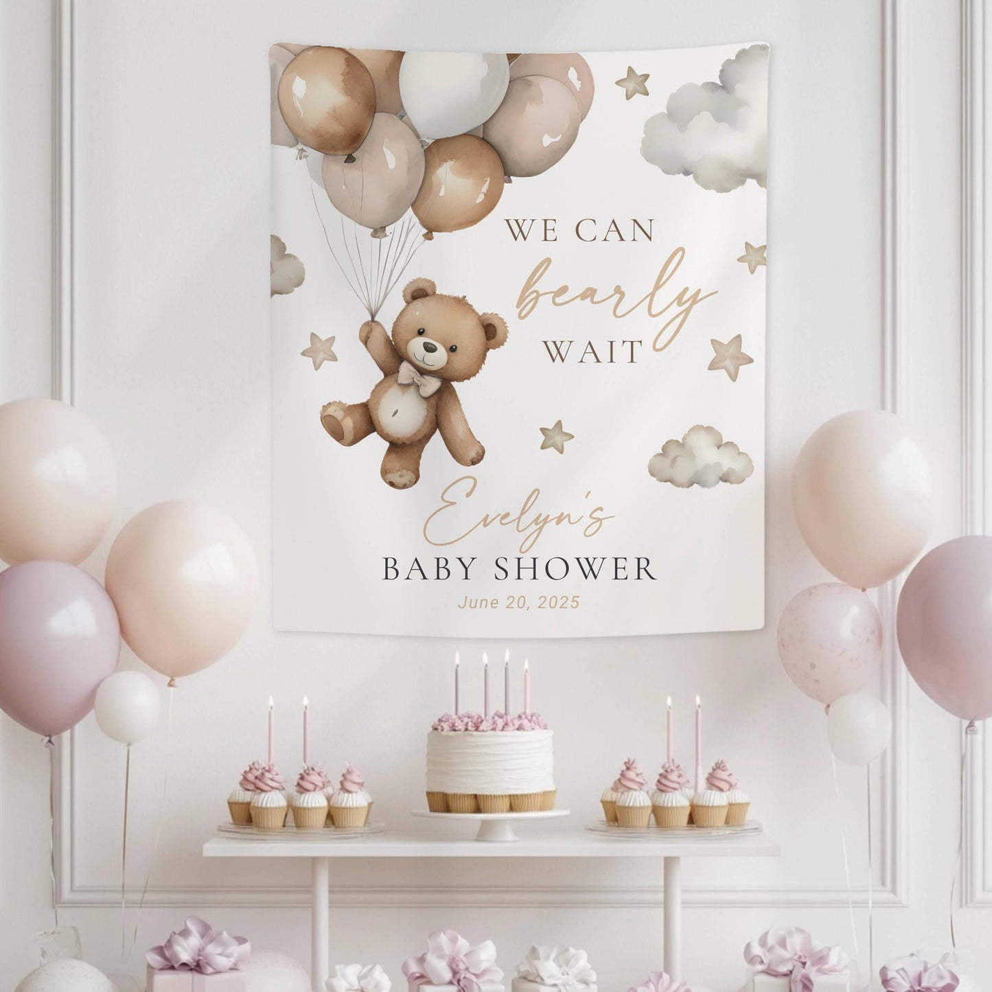 Custom Pink Bearly Wait Banner Pink Baby Girl Baby Shower Backdrop Pink Balloon Teddy Sign Pink Bear Baby Shower We Can Nearly Wait Pink - LAUMIANstudio
