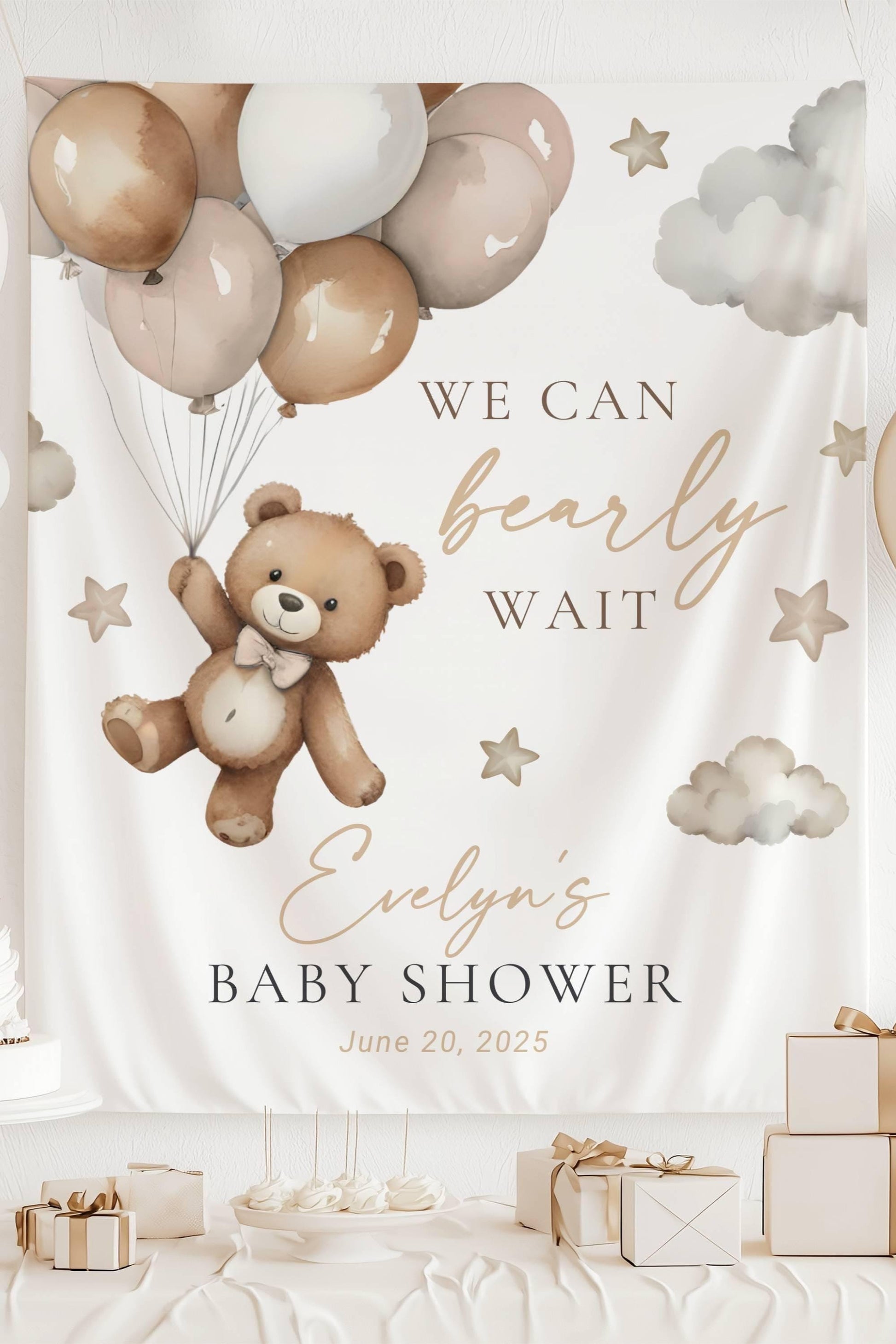 We Can Bearly Wait Sign Neutral Brown Bear Welcome Sign Gender Neutral Teddy Backdrop We can Bearly Wait Beige Photo Banner Custom Name Sign - LAUMIANstudio