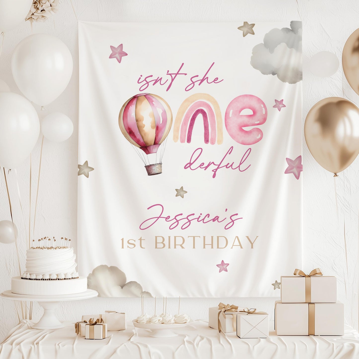 Onederful First Birthday Backdrop Hot Air Balloon Birthday Party Banner 1st Birthday Boy Blue Onederful Decor Custom Rainbow Onederful Sign - LAUMIANstudio