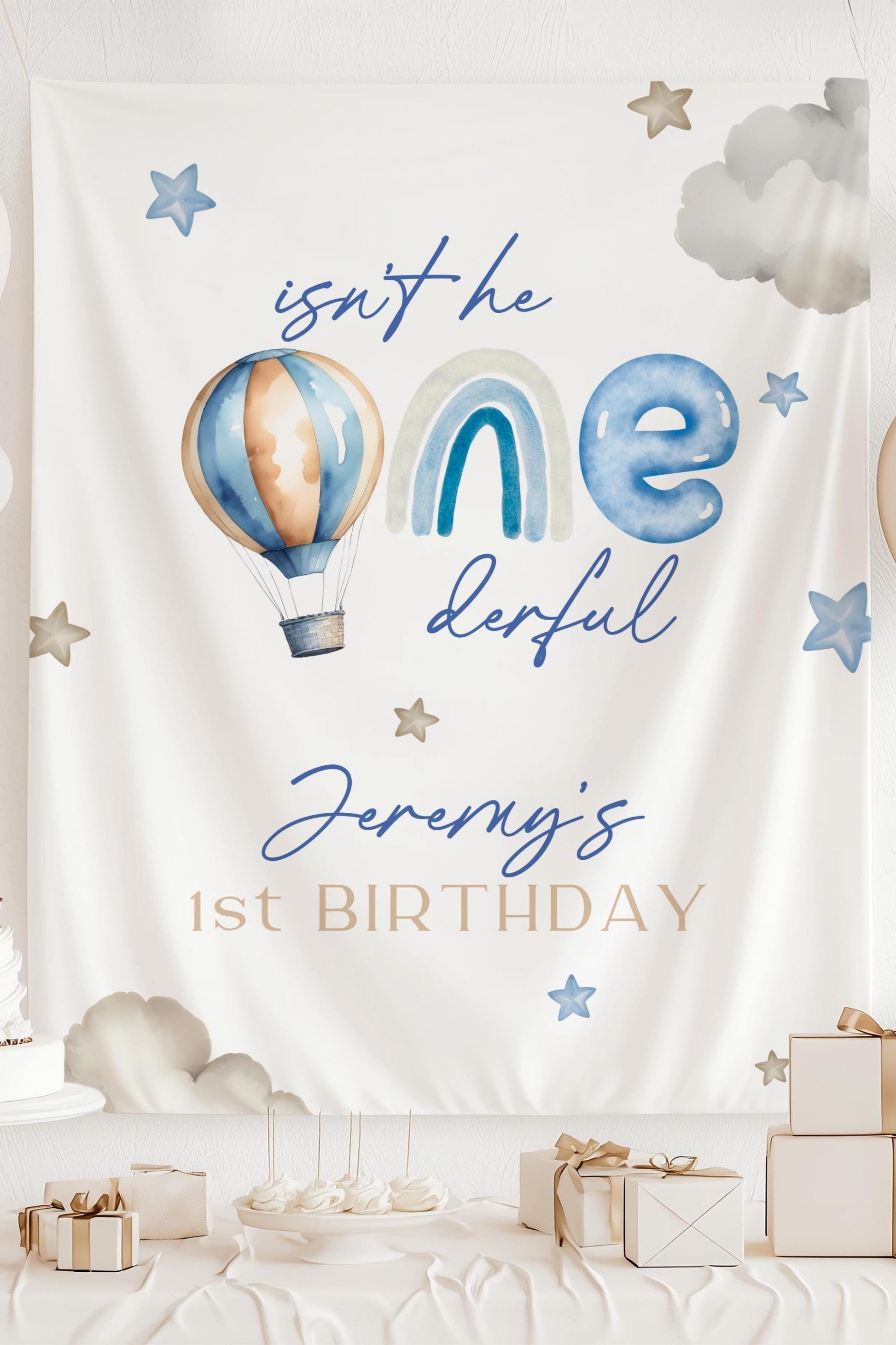 Onederful First Birthday Backdrop Hot Air Balloon Birthday Party Banner 1st Birthday Boy Blue Onederful Decor Custom Rainbow Onederful Sign - LAUMIANstudio
