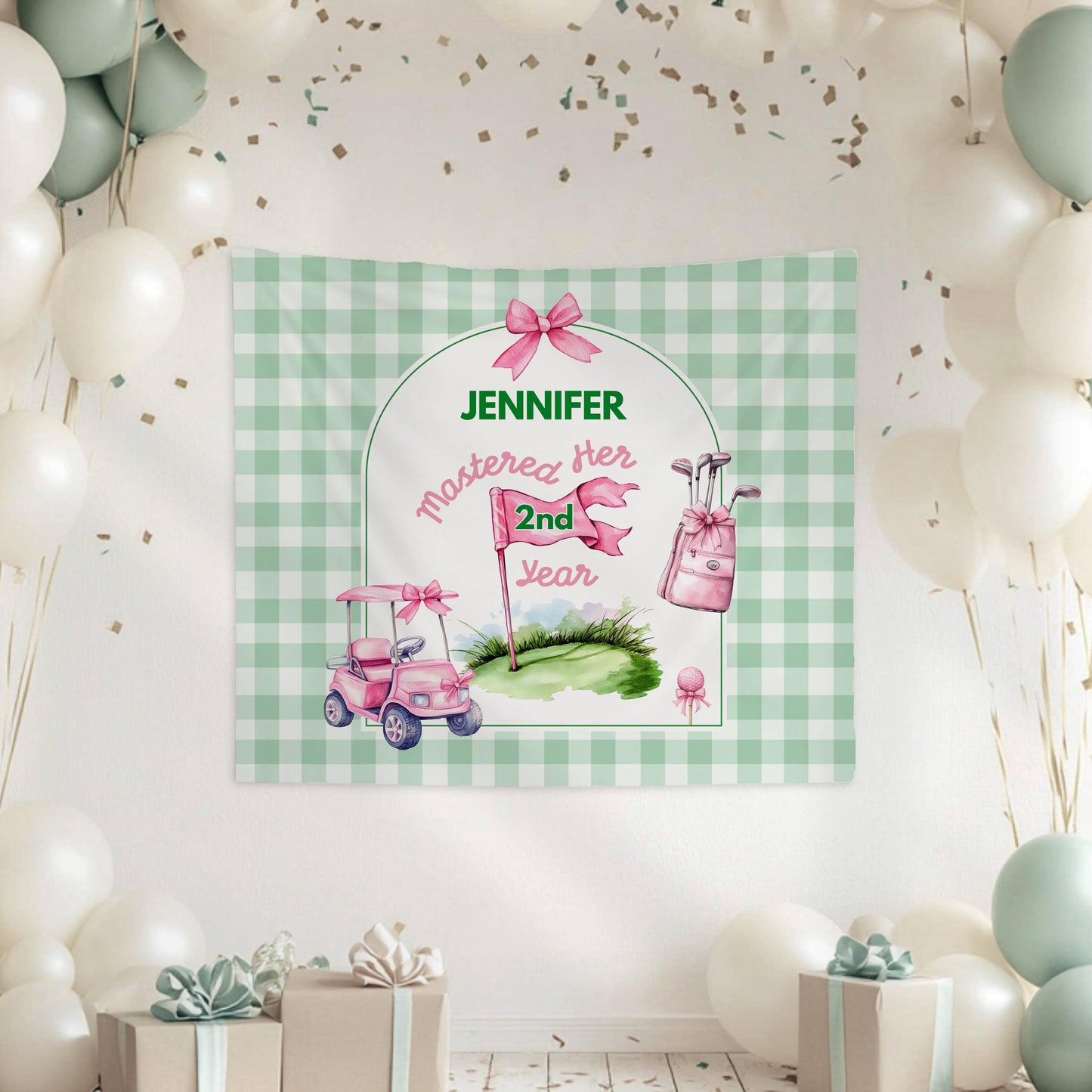 Custom Golf First Birthday Banner Baby Girl Golf Photo Banner Custom Pink Masters Birthday Backdrop Girl First Birthday Golf Welcome Sign - LAUMIANstudio
