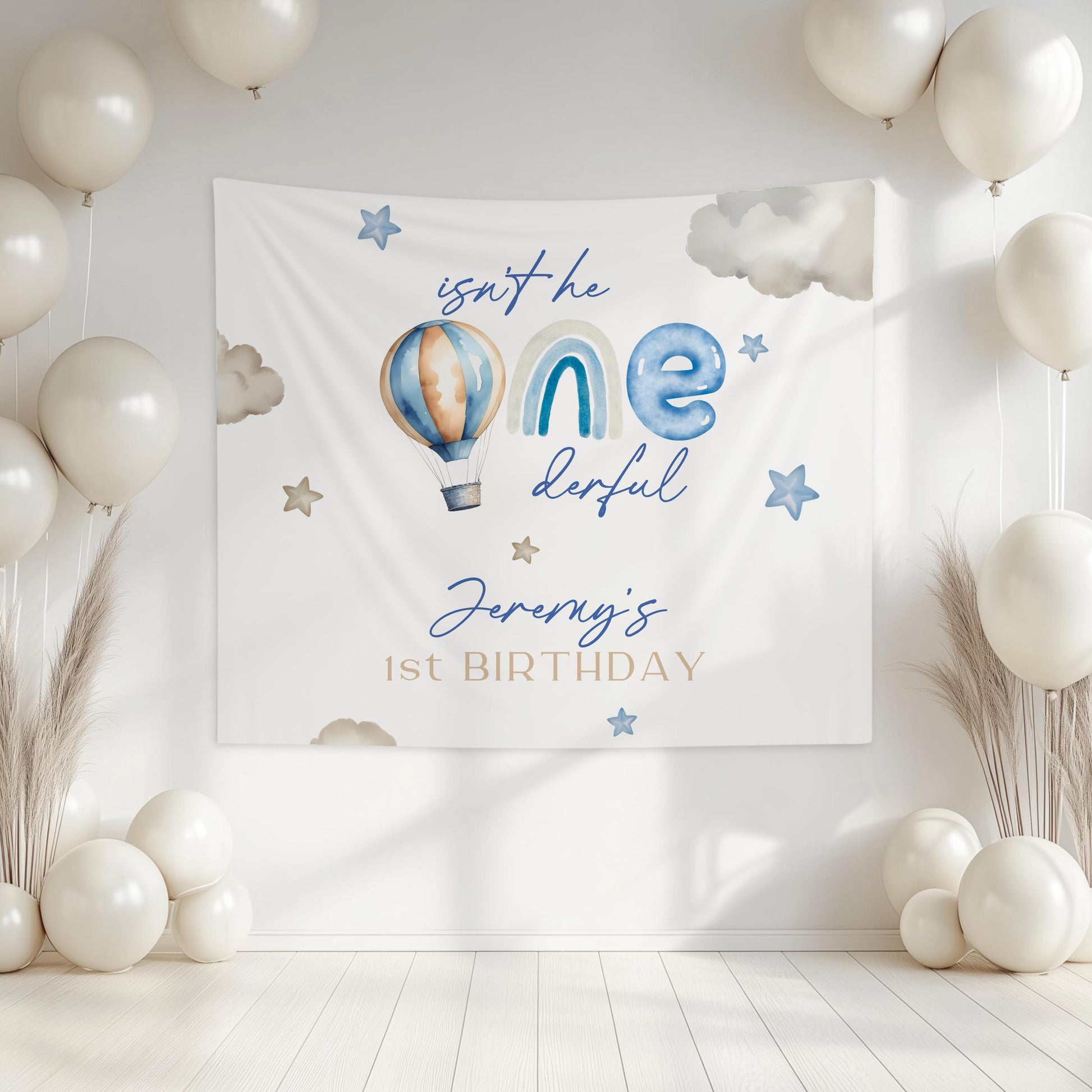 Onederful First Birthday Backdrop Hot Air Balloon Birthday Party Banner 1st Birthday Boy Blue Onederful Decor Custom Rainbow Onederful Sign - LAUMIANstudio