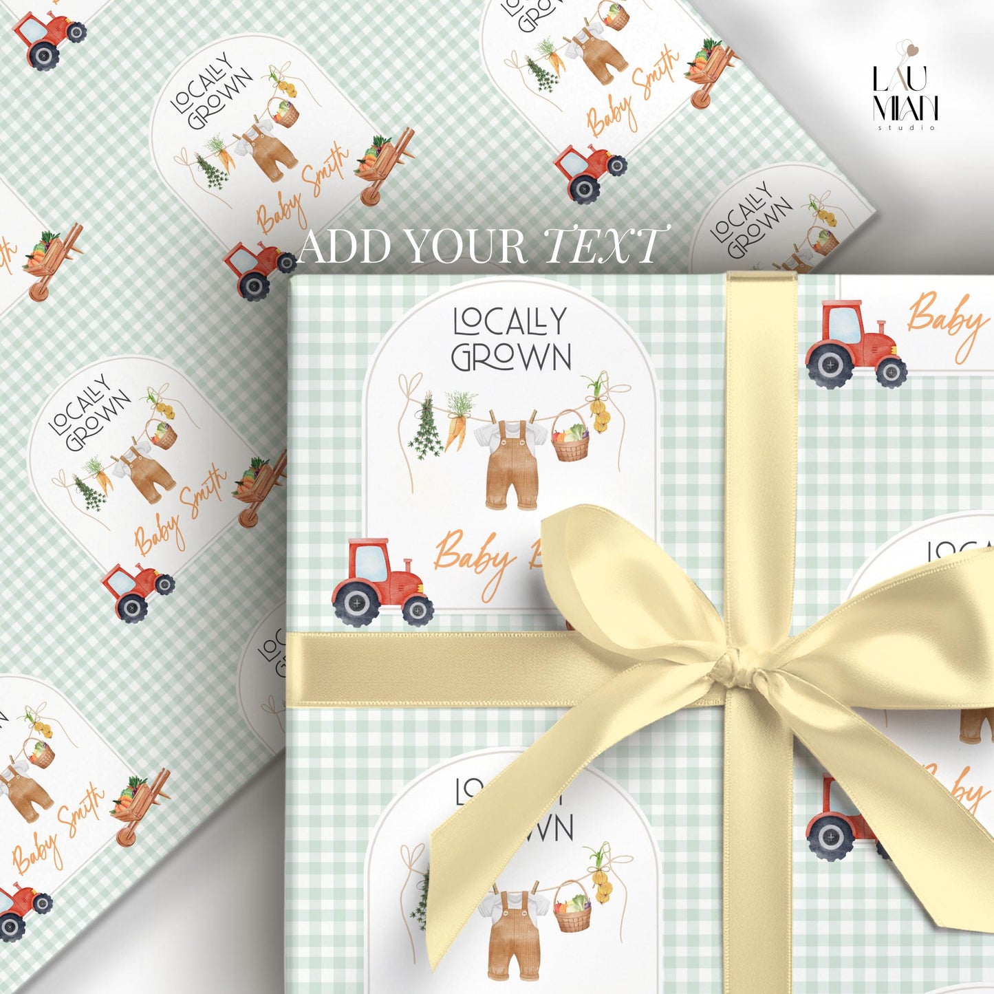 Custom Green Locally Grown Paper Farmer Market Baby Shower Gift Wrapping Tractor Baby Boy Gift Wrap Locally Grown Wrapping Paper Farmer - LAUMIANstudio