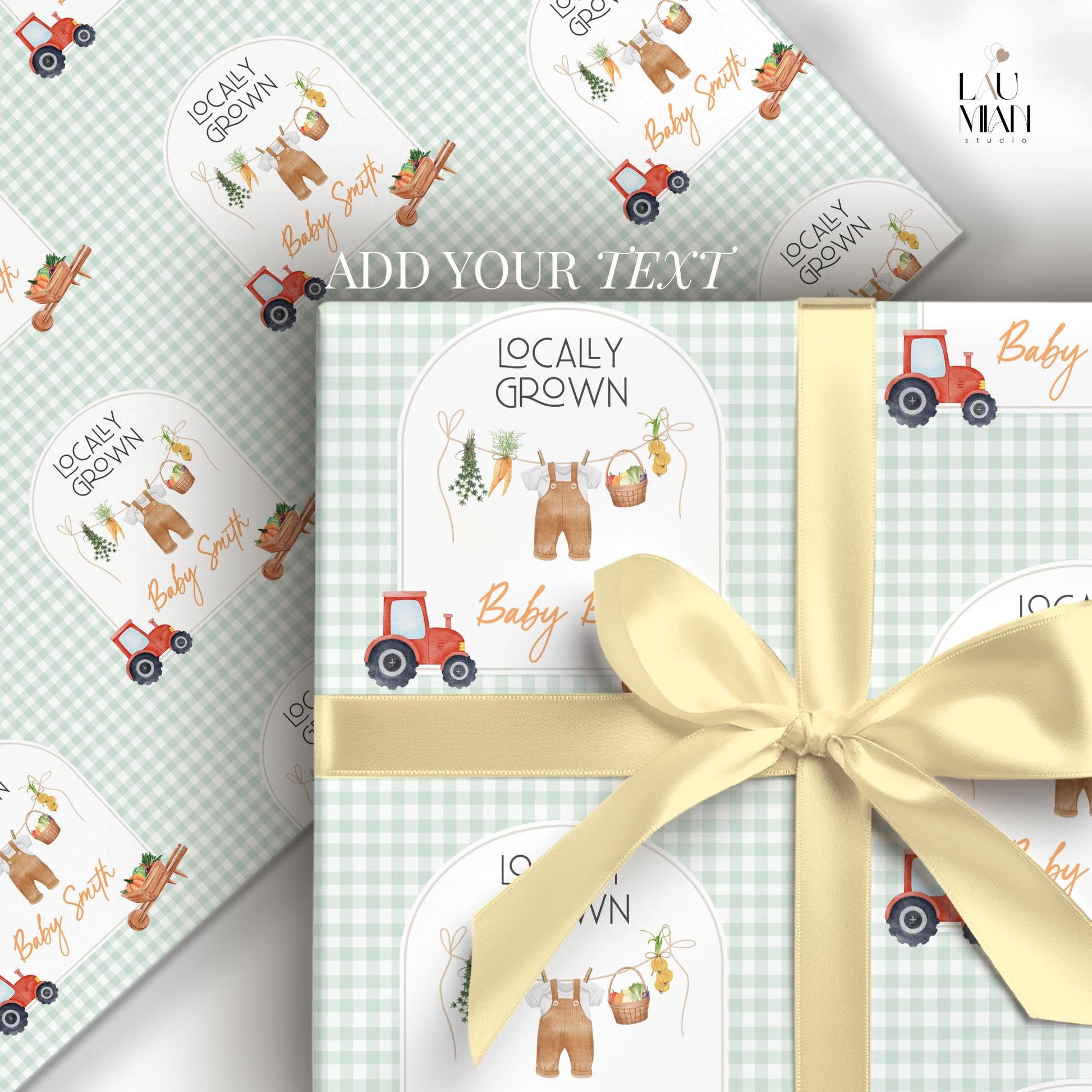 Custom Green Locally Grown Paper Farmer Market Baby Shower Gift Wrapping Tractor Baby Boy Gift Wrap Locally Grown Wrapping Paper Farmer - LAUMIANstudio