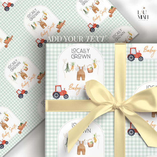 Custom Green Locally Grown Paper Farmer Market Baby Shower Gift Wrapping Tractor Baby Boy Gift Wrap Locally Grown Wrapping Paper Farmer - LAUMIANstudio