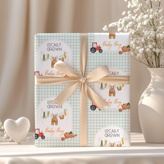 Custom Green Locally Grown Paper Farmer Market Baby Shower Gift Wrapping Tractor Baby Boy Gift Wrap Locally Grown Wrapping Paper Farmer - LAUMIANstudio