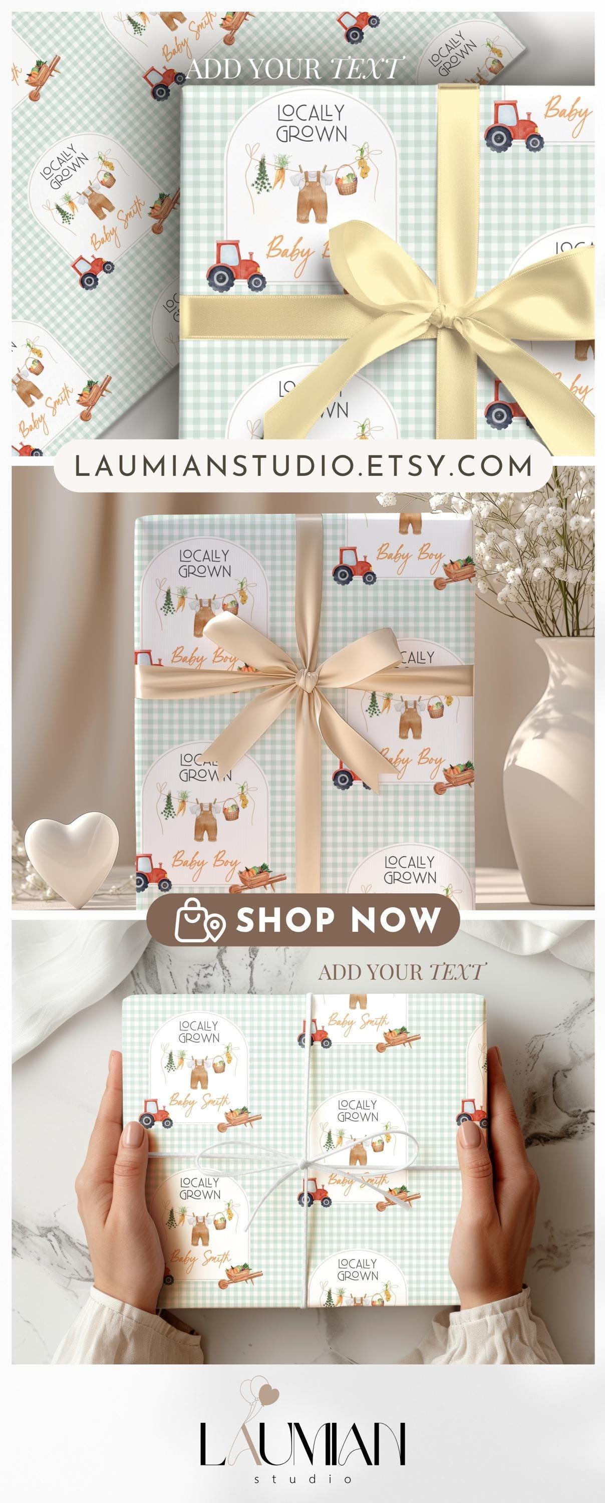 Custom Green Locally Grown Paper Farmer Market Baby Shower Gift Wrapping Tractor Baby Boy Gift Wrap Locally Grown Wrapping Paper Farmer - LAUMIANstudio