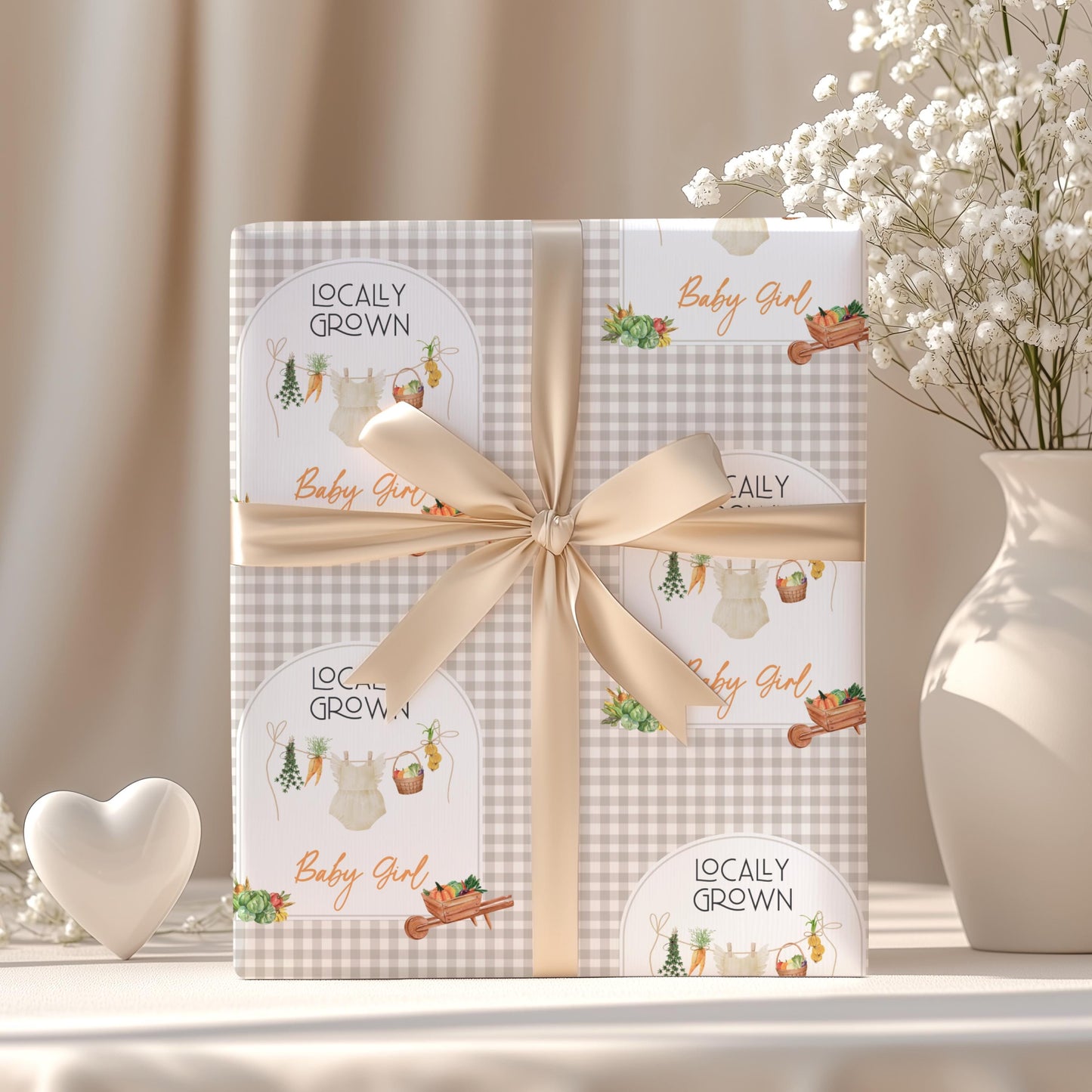 Baby Shower Wrapping Paper Locally Grown Shower Gift Wrap Beige Country Baby Shower Gift Custom Baby Shower Wrap Fruit and Vegetable Wrap - LAUMIANstudio