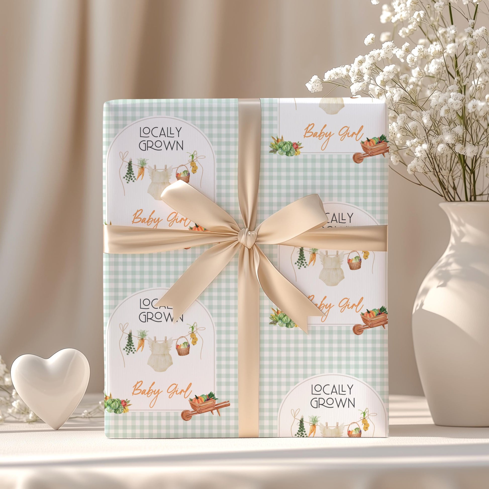 Custom Baby Shower Gift Wrap Green Locally Grown Baby Wrapping Paper Locally Grown Children Wrapping Organic Baby Gift Wrap Cute Baby Shower - LAUMIANstudio