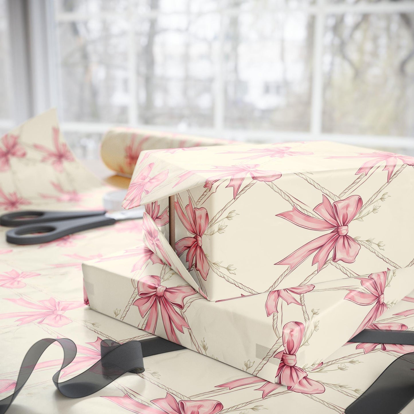 Coquette Pink Bow Wrapping Paper Girly Pink Ribbon Gift Wrap Coquette Birthday Wrapping Custom Watercolor Coquette Aesthetic Wrapping Paper - LAUMIANstudio