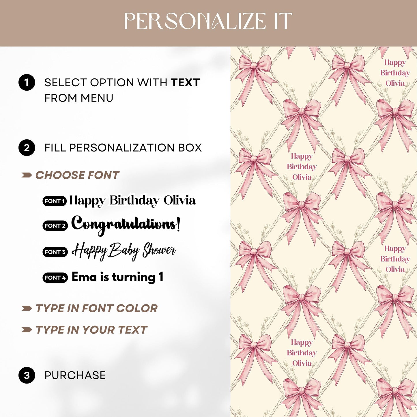 Coquette Pink Bow Wrapping Paper Girly Pink Ribbon Gift Wrap Coquette Birthday Wrapping Custom Watercolor Coquette Aesthetic Wrapping Paper - LAUMIANstudio