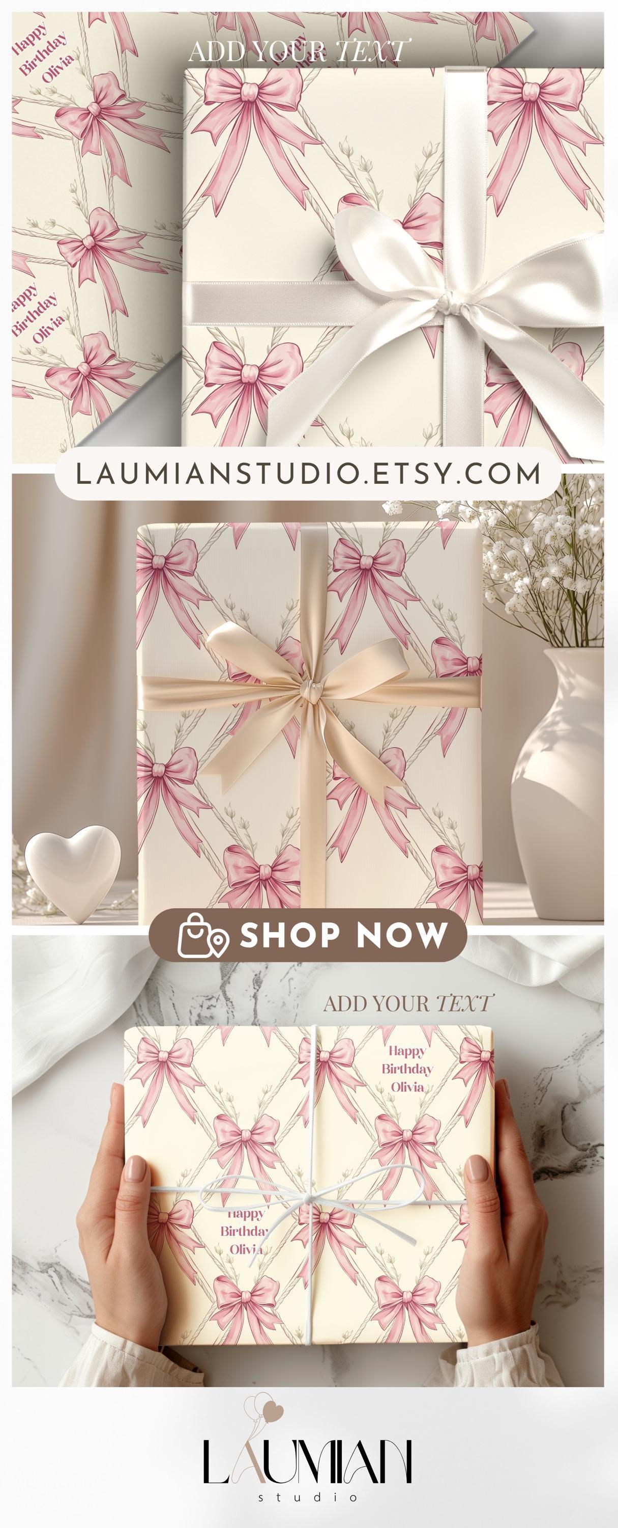 Coquette Pink Bow Wrapping Paper Girly Pink Ribbon Gift Wrap Coquette Birthday Wrapping Custom Watercolor Coquette Aesthetic Wrapping Paper - LAUMIANstudio