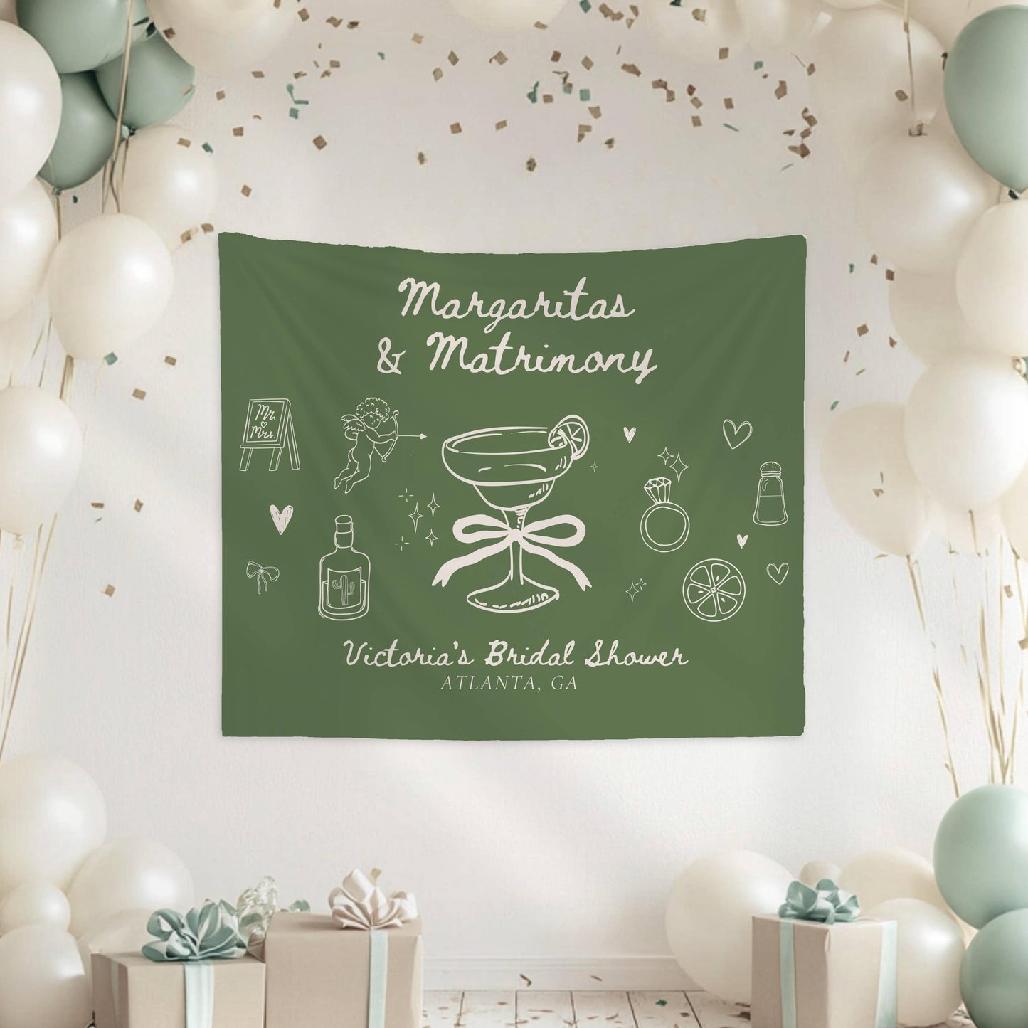Margaritas & Matrimony Backdrop: Personalized Bachelorette Banner, Sage Green, Bridal Shower Decor - LAUMIANstudio