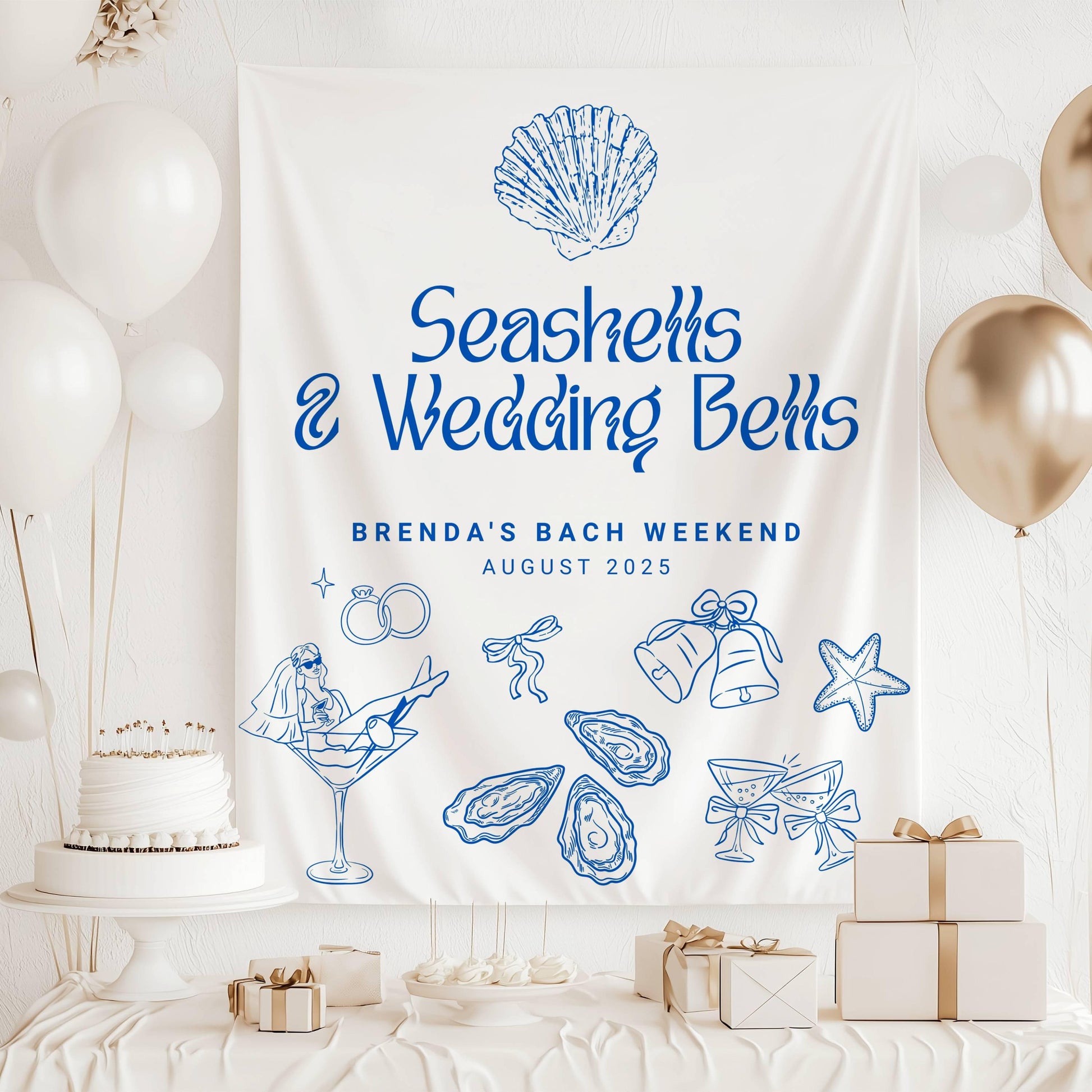 Seashells & Wedding Bells Banner: Personalized Bachelorette Backdrop, Blue, Lineart Graphics - LAUMIANstudio