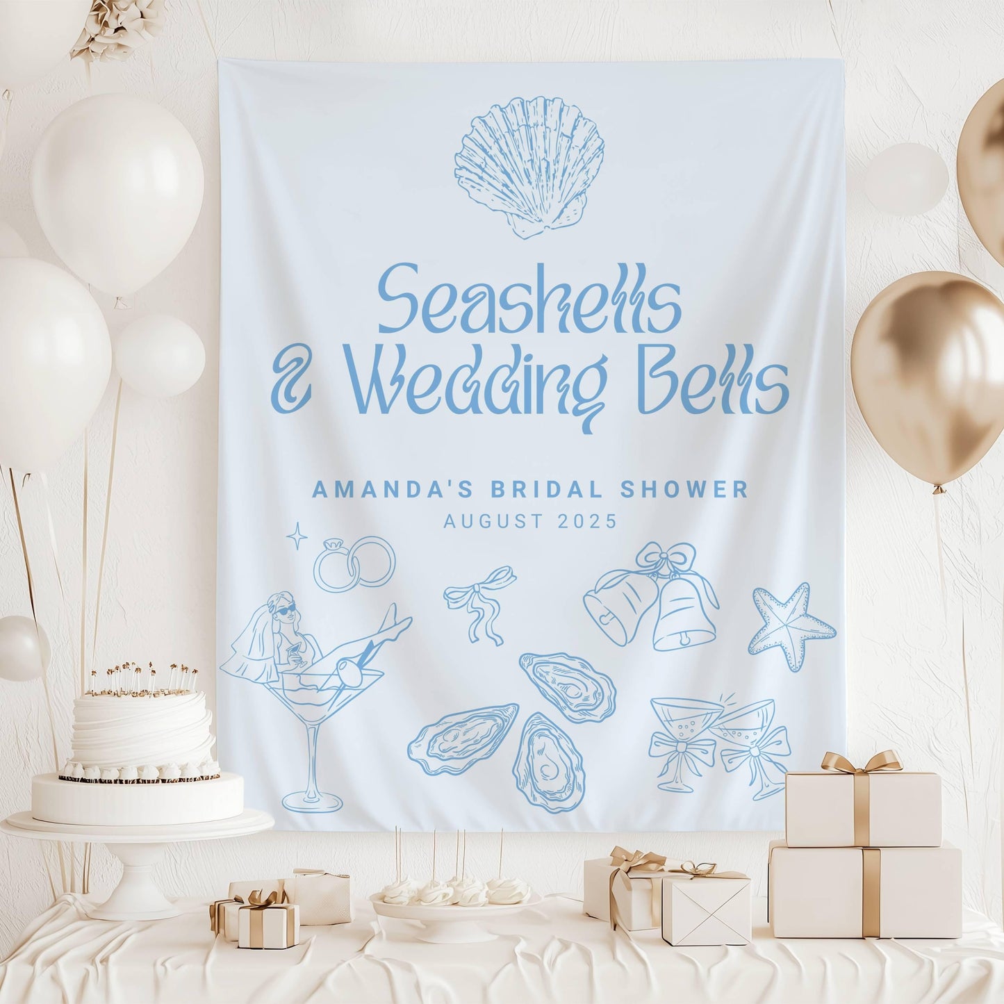 Seashells and Wedding Bells Banner: Personalized Bachelorette Decor, Coastal Bridal Shower - LAUMIANstudio
