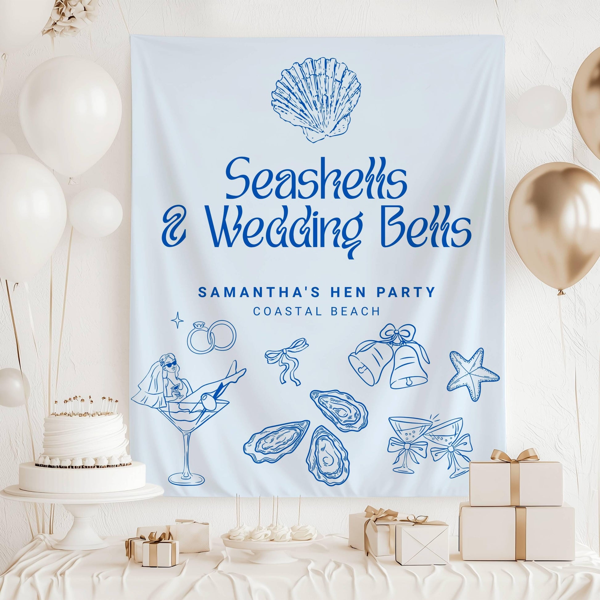 Seashells and Wedding Bells Banner: Personalized Bachelorette Decor, Coastal Bridal Shower - LAUMIANstudio