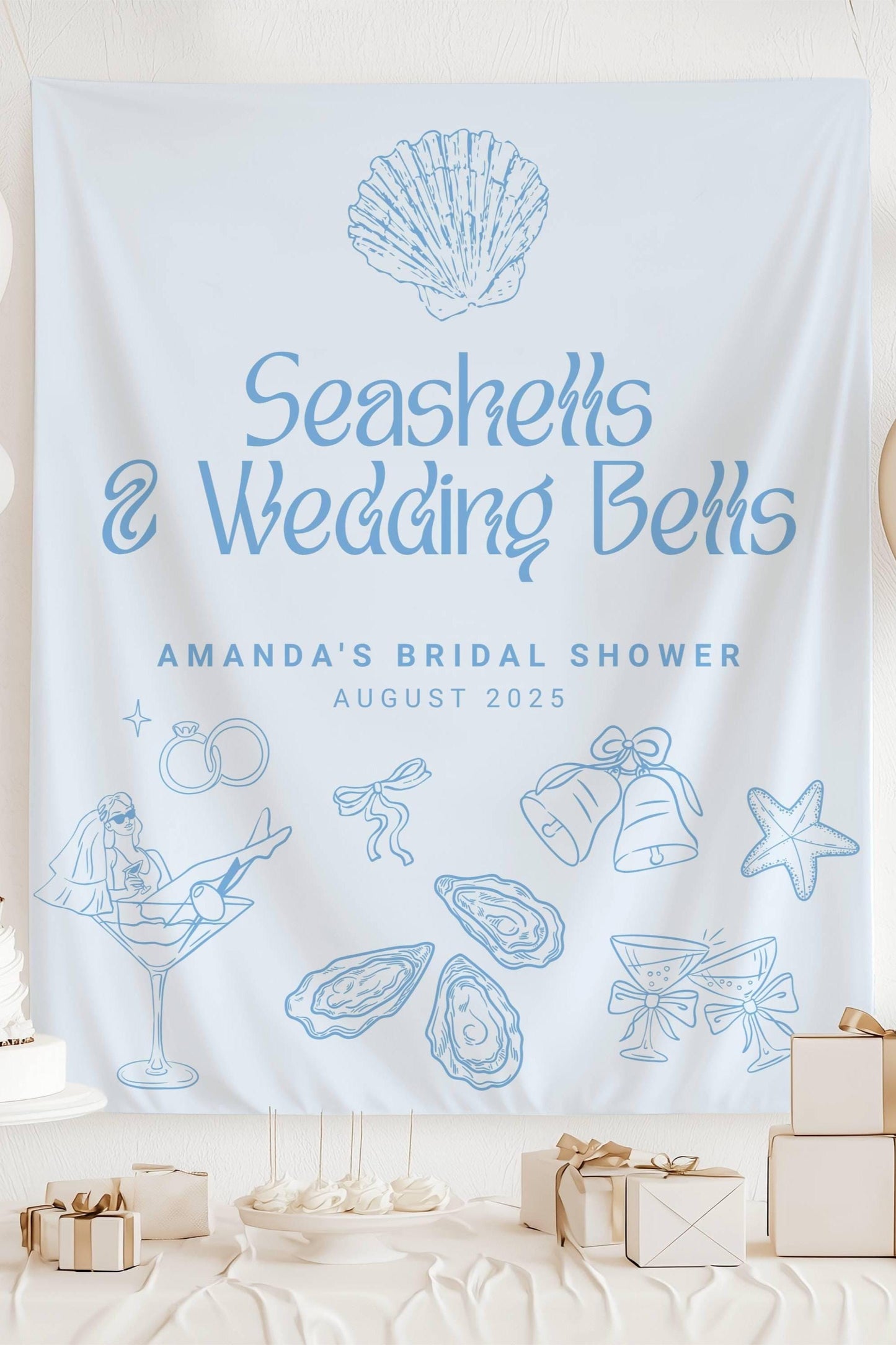 Seashells & Wedding Bells Banner: Personalized Bachelorette Backdrop, Blue, Lineart Graphics - LAUMIANstudio