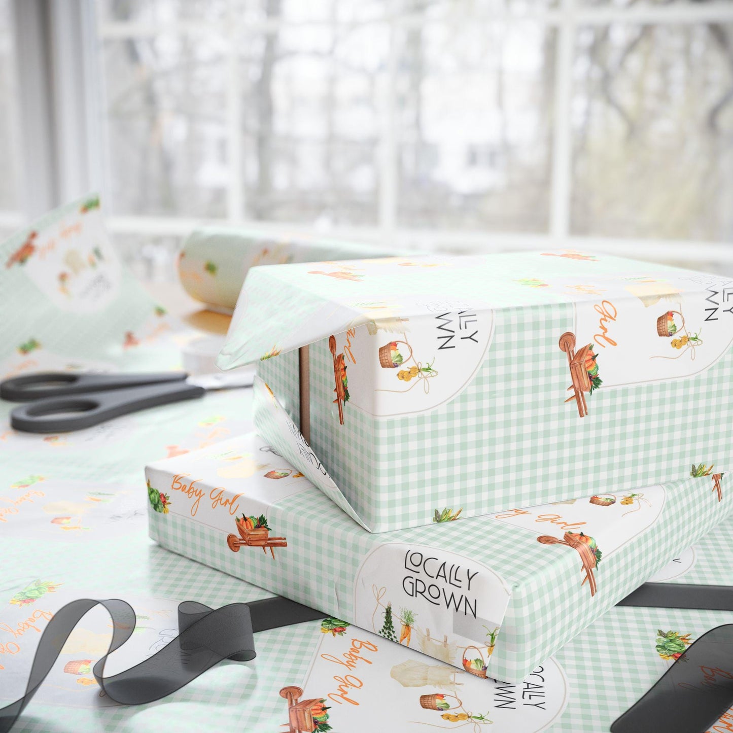 Custom Baby Shower Gift Wrap Green Locally Grown Baby Wrapping Paper Locally Grown Children Wrapping Organic Baby Gift Wrap Cute Baby Shower - LAUMIANstudio