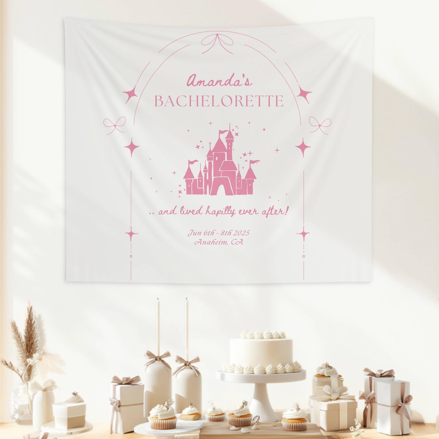 Happily Ever After Banner: Personalizable Castle Bachelorette Backdrop, Princess Bridal Shower Wall Tapestry - Yellow, Pink, Blue, Black - LAUMIANstudio