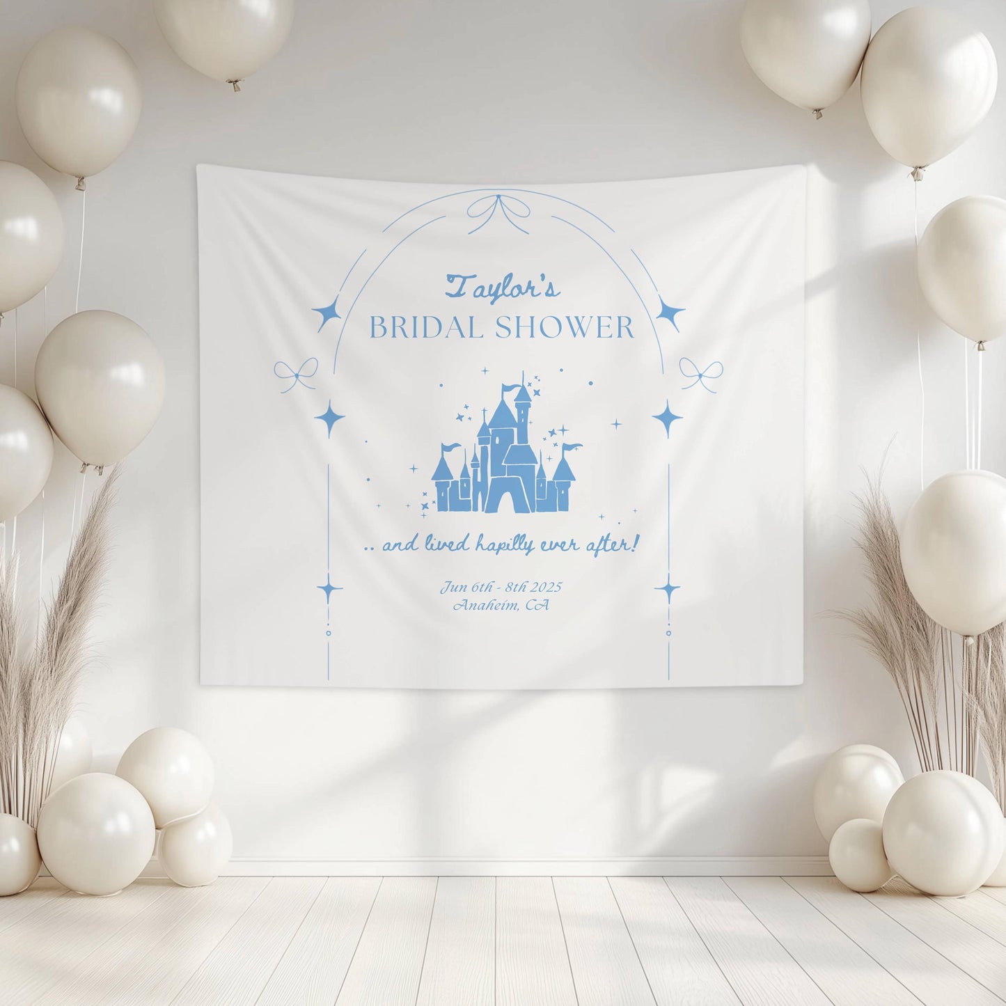 Happily Ever After Banner: Personalizable Castle Bachelorette Backdrop, Princess Bridal Shower Wall Tapestry - Yellow, Pink, Blue, Black - LAUMIANstudio