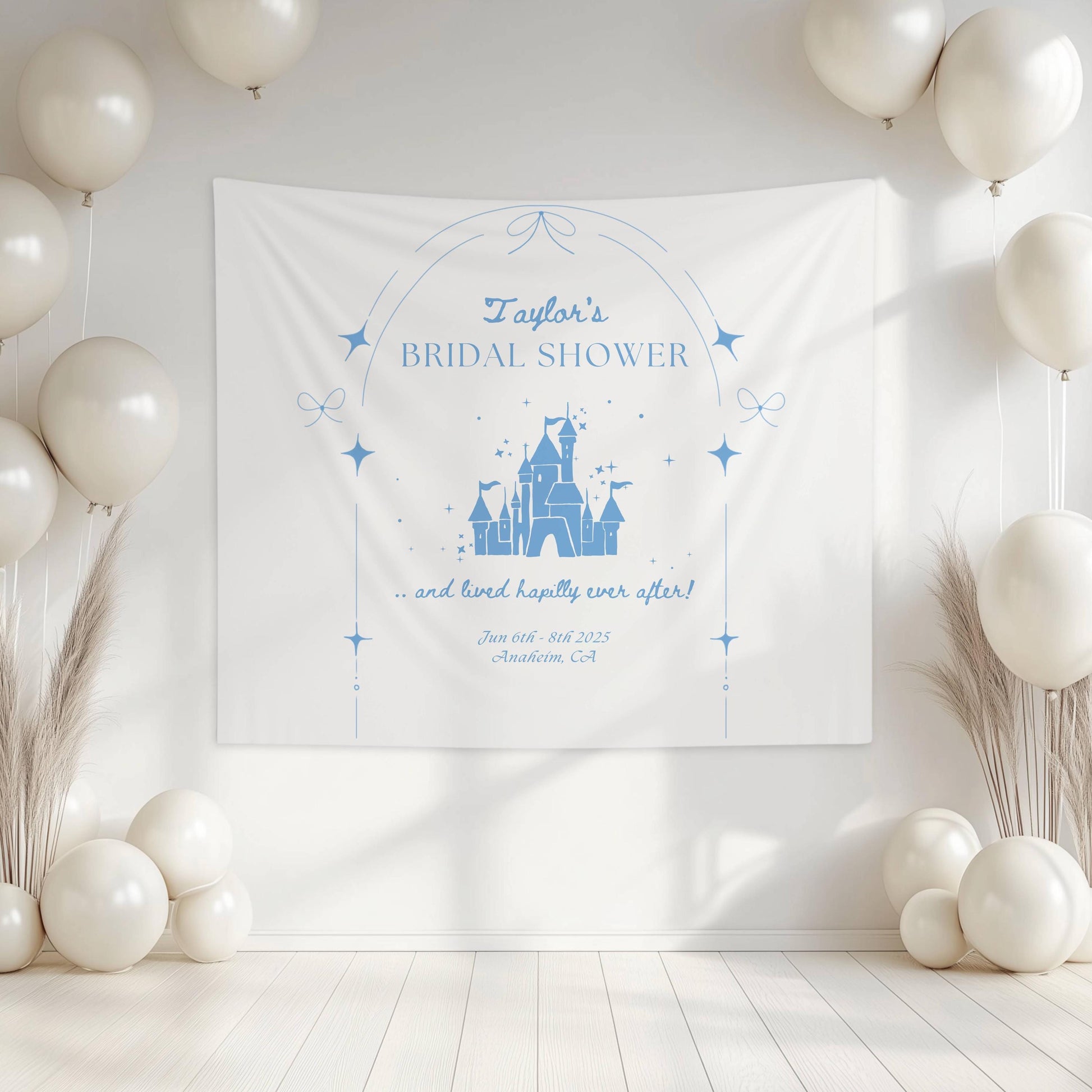 Happily Ever After Banner: Personalizable Castle Bachelorette Backdrop, Princess Bridal Shower Wall Tapestry - Yellow, Pink, Blue, Black - LAUMIANstudio