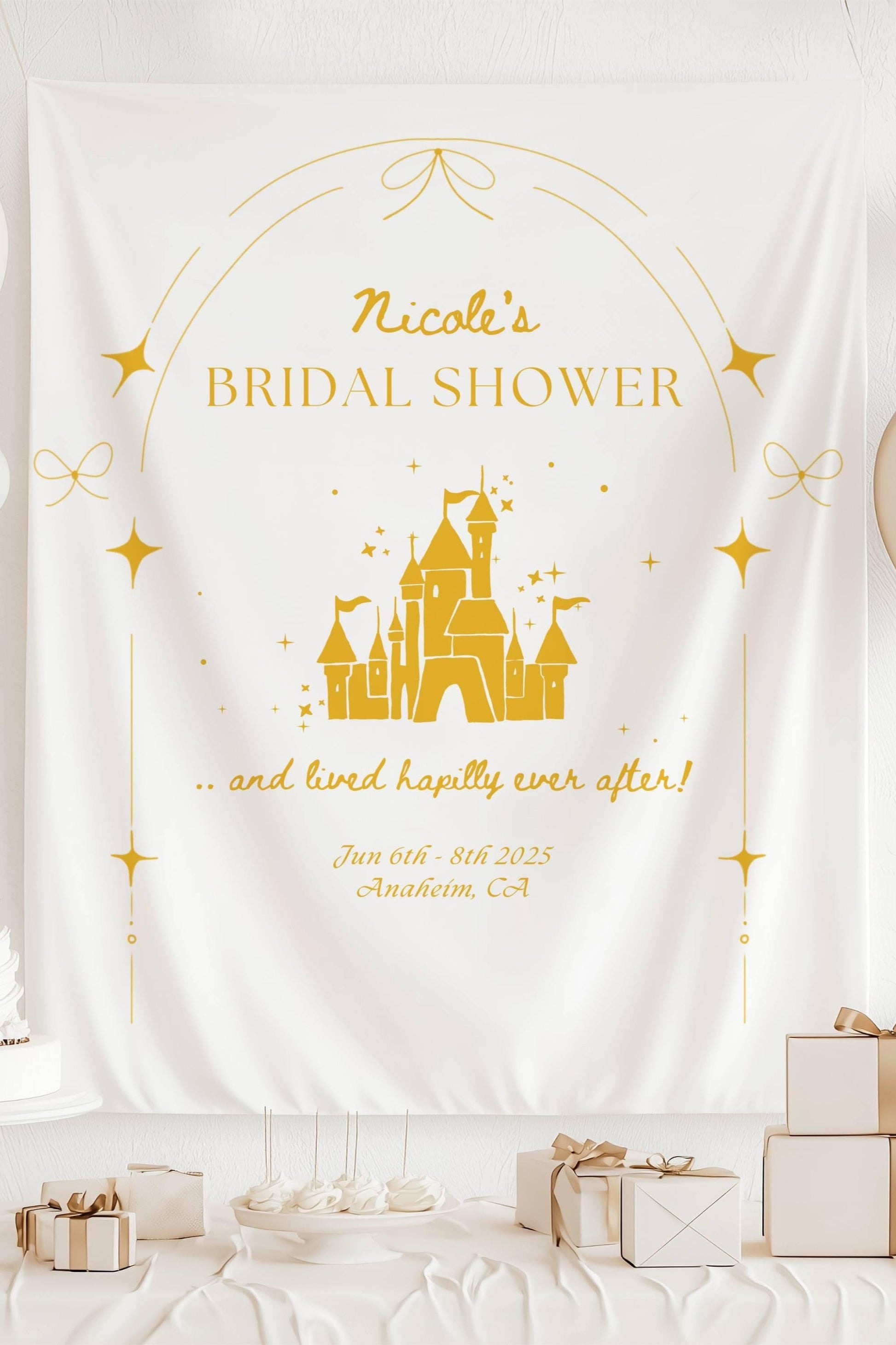 Happily Ever After Banner: Personalizable Castle Bachelorette Backdrop, Princess Bridal Shower Wall Tapestry - Yellow, Pink, Blue, Black - LAUMIANstudio