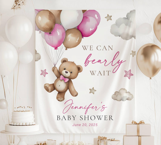Custom Pink Bearly Wait Banner Pink Baby Girl Baby Shower Backdrop Pink Balloon Teddy Sign Pink Bear Baby Shower We Can Nearly Wait Pink - LAUMIANstudio