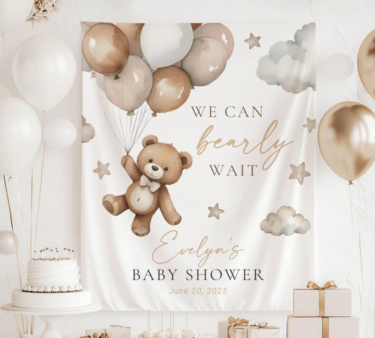 We Can Bearly Wait Sign Neutral Brown Bear Welcome Sign Gender Neutral Teddy Backdrop We can Bearly Wait Beige Photo Banner Custom Name Sign - LAUMIANstudio