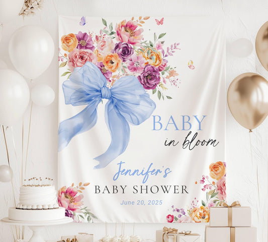 Personalized Boy Baby Bloom Sign Bow Blue Baby Bloom Backdrop Blue Baby in Bloom Baby Shower Decor Baby Boy Shower Photo Backdrop Blue Bow - LAUMIANstudio