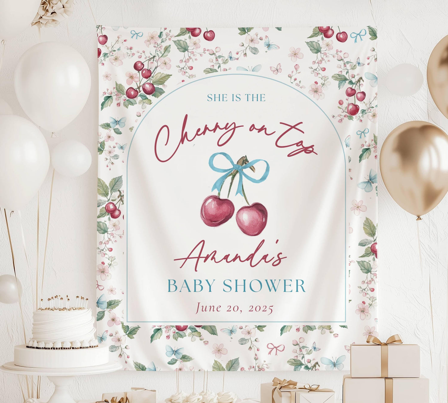 Custom Cherry On Top Baby Shower Decor Coquette Cherry Shower Backdrop Cherry Bow Welcome Sign Its a Girl Welcome Banner Cherry on Top Sign - LAUMIANstudio