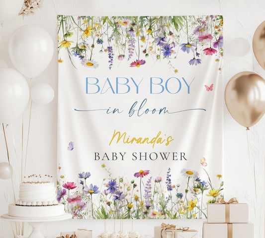 Baby Boy in Bloom Banner Blue Baby in Bloom Baby Shower Decor Blue Floral Baby Shower Backdrop Blue Spring Flower Baby Shower Welcome Sign - LAUMIANstudio