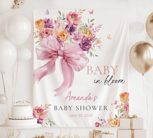 Baby in Bloom Baby Shower Decoration Custom Baby in Bloom Backdrop Pink Bow Photo Backdrop Spring Garden Shower Banner Floral Shower Sign - LAUMIANstudio