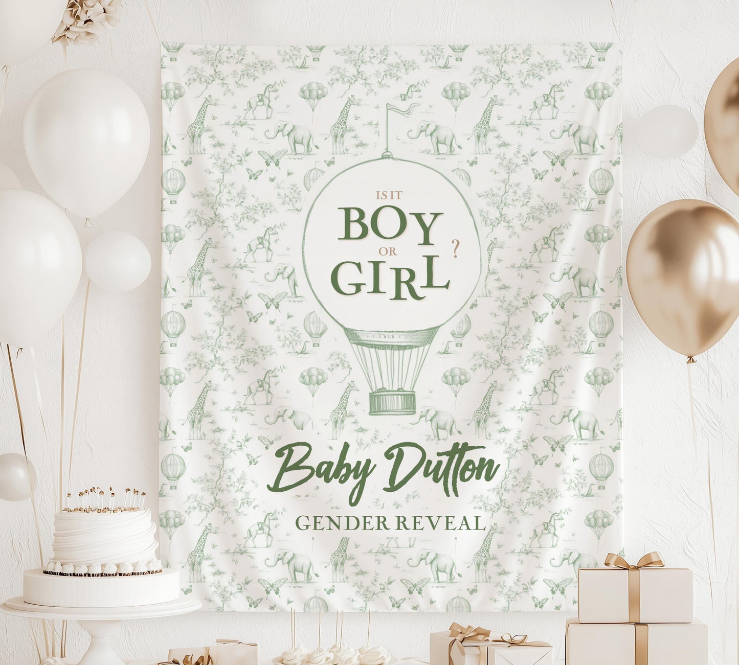 Whimsical Gender Reveal Banner Hot Air Balloon Print Custom Boho Baby Shower Backdrop Green Tapestry Butterfly Toile Green Elephant Backdrop - LAUMIANstudio