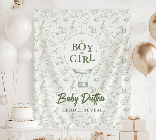 Whimsical Gender Reveal Banner Hot Air Balloon Print Custom Boho Baby Shower Backdrop Green Tapestry Butterfly Toile Green Elephant Backdrop - LAUMIANstudio