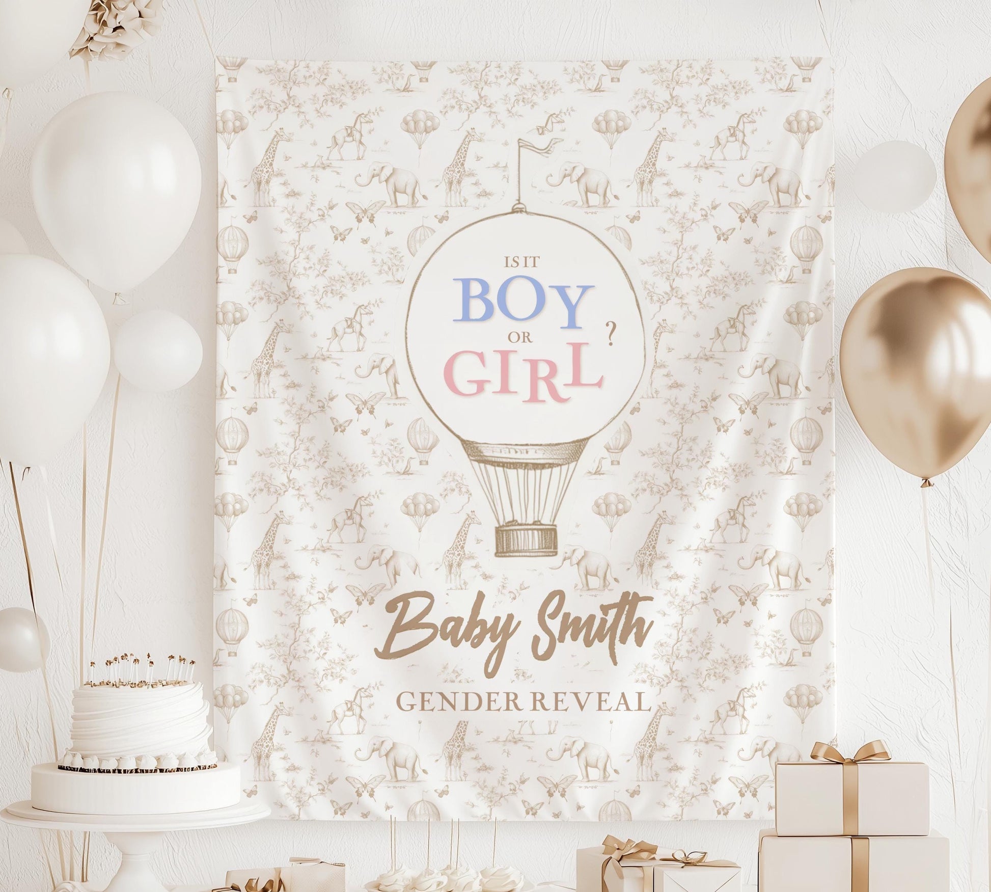 Neutral Gender Reveal Toile Backdrop Custom Beige Safari Gender Reveal Tapestry Dior Inspired Banner Summer Gender Reveal Banner Butterfly - LAUMIANstudio