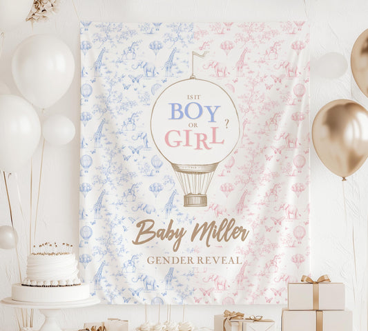 Boy or Girl Backdrop Custom Blue Pink Gender Reveal Tapestry Pastel Gender Reveal Backdrop Personalized Baby Shower Backdrop Hot Air Balloon - LAUMIANstudio